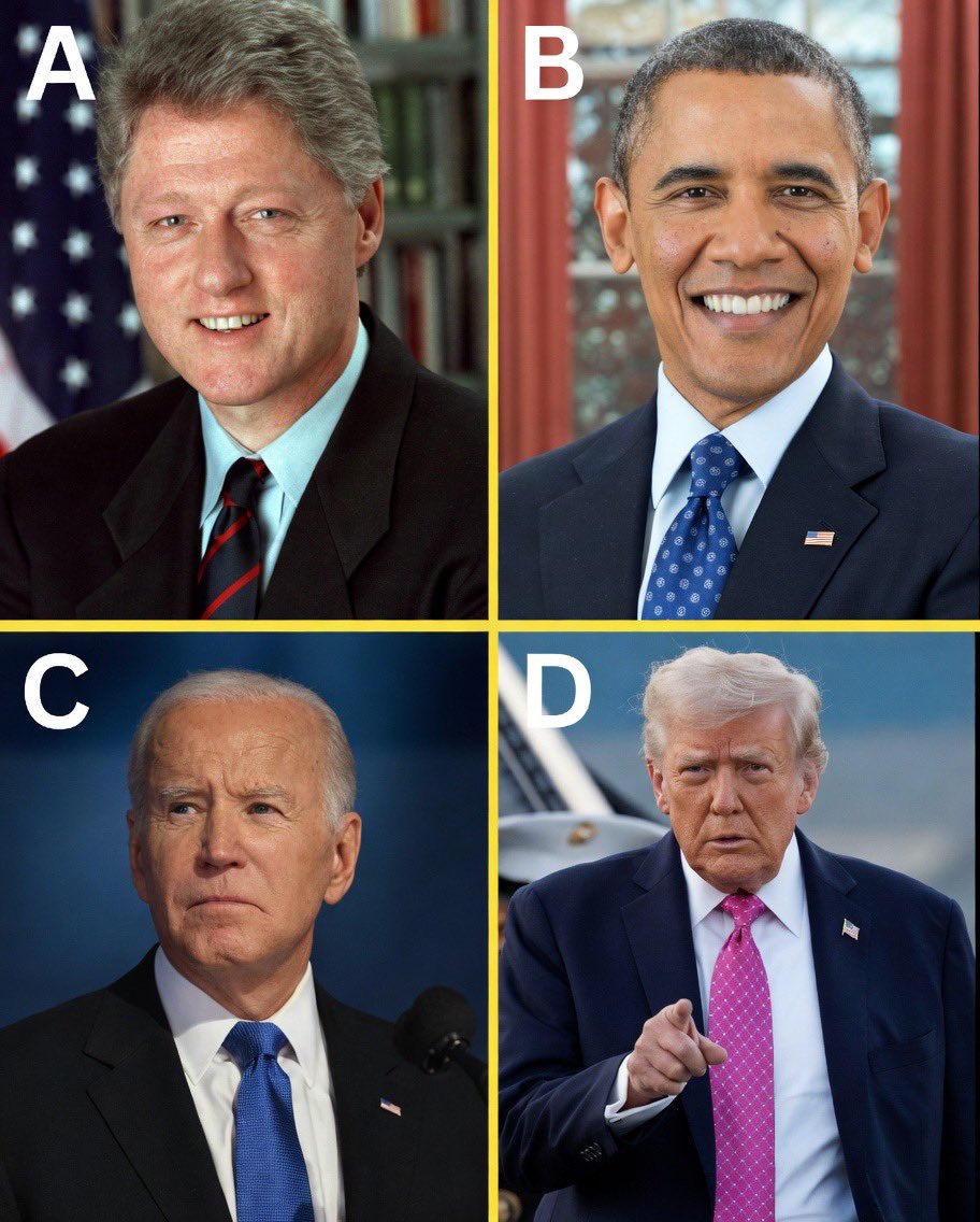 AmericaLiveX_'s tweet image. Who’s your favorite president among the four ?... Comment fast👇

A) Bill Clinton.             B ) Barack Obama.

C )Joe Biden.                D ) Donald Trump.