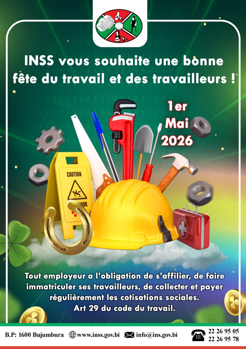 INSS_Burundi's tweet photo. Bonne fête du Travail à tous les travailleurs !

@MinTFPSS_bdi 
@Onpr2018 
@nshingamateka https://t.co/kwjmuzsw6F
