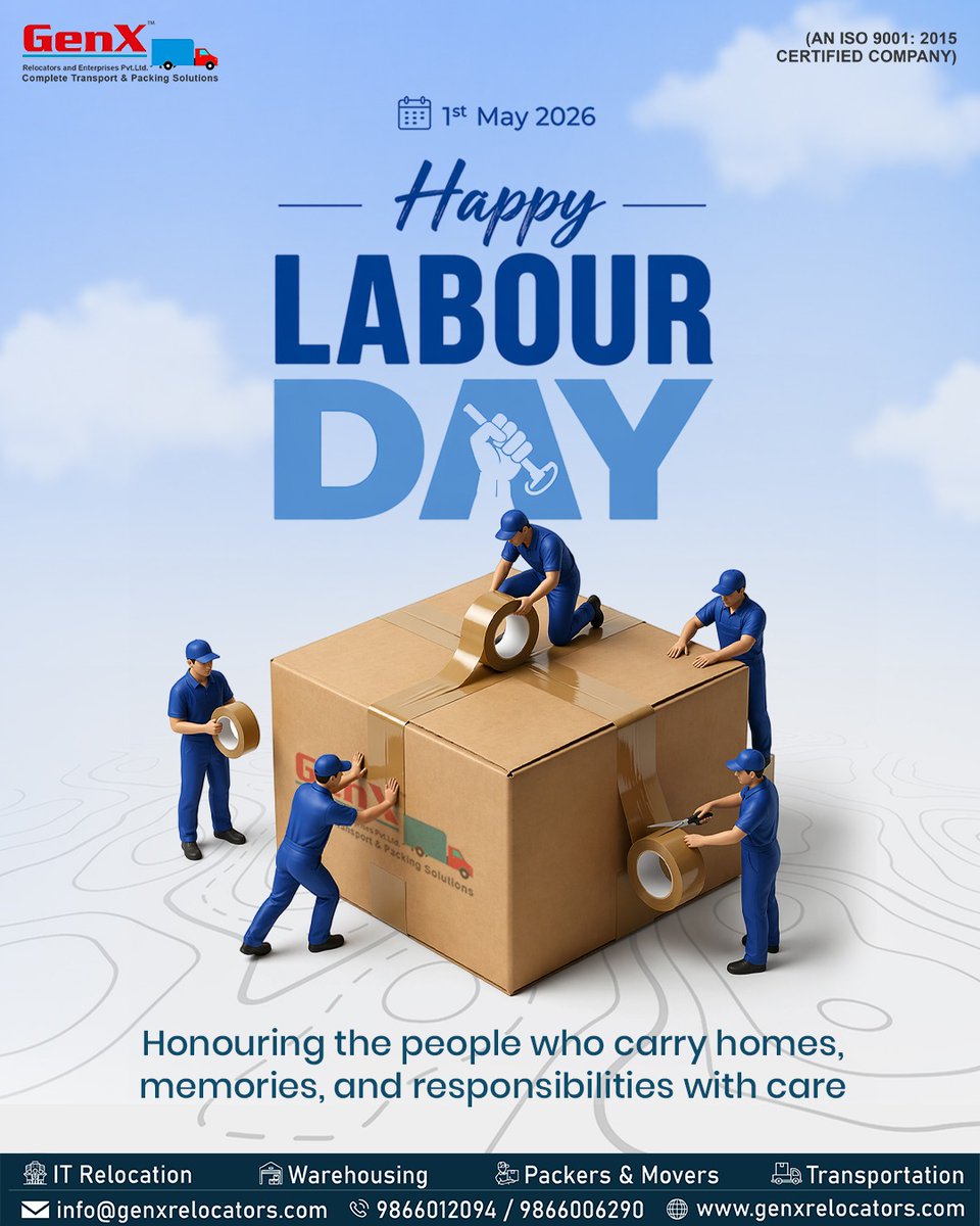 GenxRelocators's tweet photo. Today is about the people who do the real work.

At GenX, every move is handled by teams who work with care, precision, and responsibility—making sure your belongings reach safely, every time.

Wishing everyone a day of recognition and appreciation.
Happy Labour Day! https://t.co/mqjhIae67r
