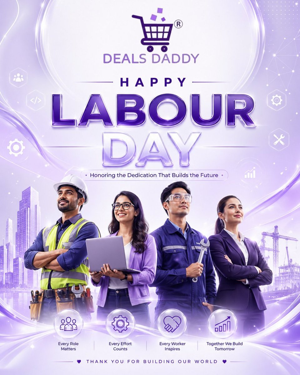 Deals_Daddy_'s tweet image. Honoring the dedication that powers every success. Happy Labour Day!
.
.
#EveryRoleMatters #HardWorkPaysOff #TeamWork #Progress #Workforce #SaluteToWorkers