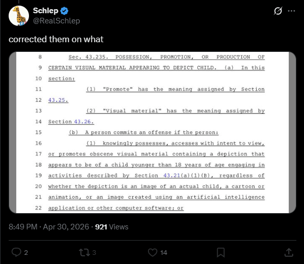 <a href="/ChibiReviews/">Chibi Reviews</a> He's now attempting to claim in the replies that Texas has lolis state outlawed... which is easily provable wrong by a quick google search 🤦‍♂️