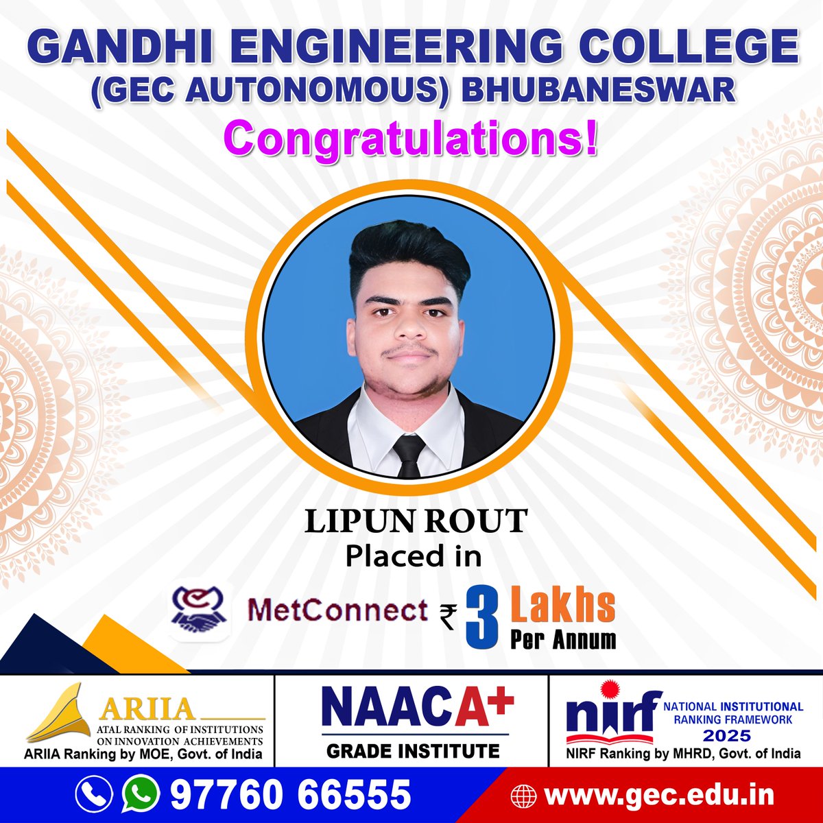 gecbbsrofficial's tweet image. 🎉Congratulations to Lipun Rout on securing a placement at #MetConnectInfotech🎊
📢Admissions Open for B Tech, M Tech, MCA, MBA, Diploma, BBA &amp;amp; BCA – Join GEC!
📞 : 9776066555
🌐 : gec.edu.in

#GECplacement #MCA #BTech #BPUT #CSE #GECBhubaneswar #MetConnectInfotech