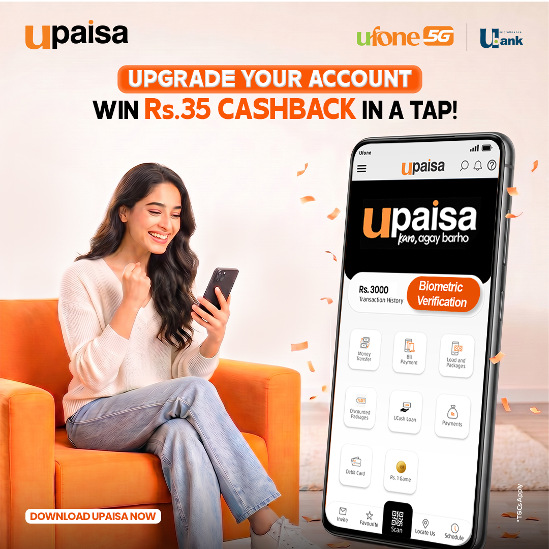 UpaisaOfficial's tweet image. Upgrade your UPaisa account and grab Rs. 35 cashback 🎉
One quick tap… and it’s yours.
Download UPaisa now.
T&amp;amp;Cs Apply : bit.ly/4eSAzxh

#UPaisa #Ufone5G #Rewards #Cashback