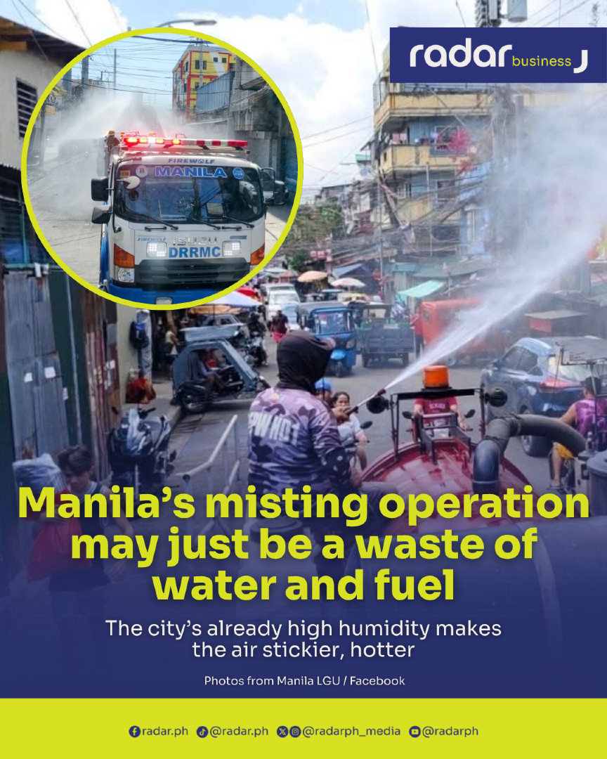 radarph_media's tweet photo. The Manila City Government has begun misting operations across parts of the city to ease the impact of rising temperatures, but critics say the move may be wasting water and fuel.

The initiative involves driving fire trucks across the city to spray water along major roads and public areas to provide temporary cooling. While intended as a quick response to extreme heat, the approach raises questions about its effectiveness in practice.

Manila’s humidity is already high. Due to its tropical location near the equator and surrounding bodies of water, including Manila Bay and Laguna de Bay, additional moisture in the air can make conditions feel warmer.

Similar to the intense heat after a short rain, the concrete pavement releases “singaw,” making the environment feel even stickier and more uncomfortable.

Instead, many are calling for the more sustainable and ecologically sound option of planting trees. Expanding shaded areas offers longer-term cooling benefits and reduces reliance on band-aid solutions.

Across Metro Manila, green spaces have steadily declined as urban development accelerates, reducing natural shade and worsening the heat trapped by concrete and asphalt. Reviving these spaces is critical, as temperatures continue to rise and cities face a hotter future.

Report by John Lloyd Aleta

#radarPHBusiness #radarPH