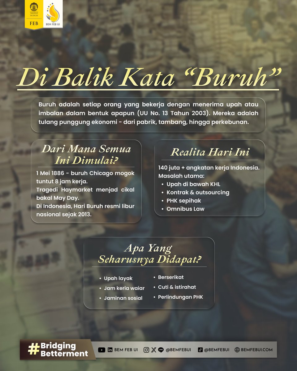 BEMFEBUI's tweet photo. [SELAMAT MEMPERINGATI HARI BURUH⭐️]

Di balik setiap hal yang kita nikmati hari ini, ada kerja keras yang jarang kita sadari.

Hari Buruh jadi pengingat bahwa setiap peran punya arti, dan setiap usaha layak dihargai.

Biro Media dan Informasi
BEM FEB UI 2026
#BridgingBetterment https://t.co/8o4Hekxn0c