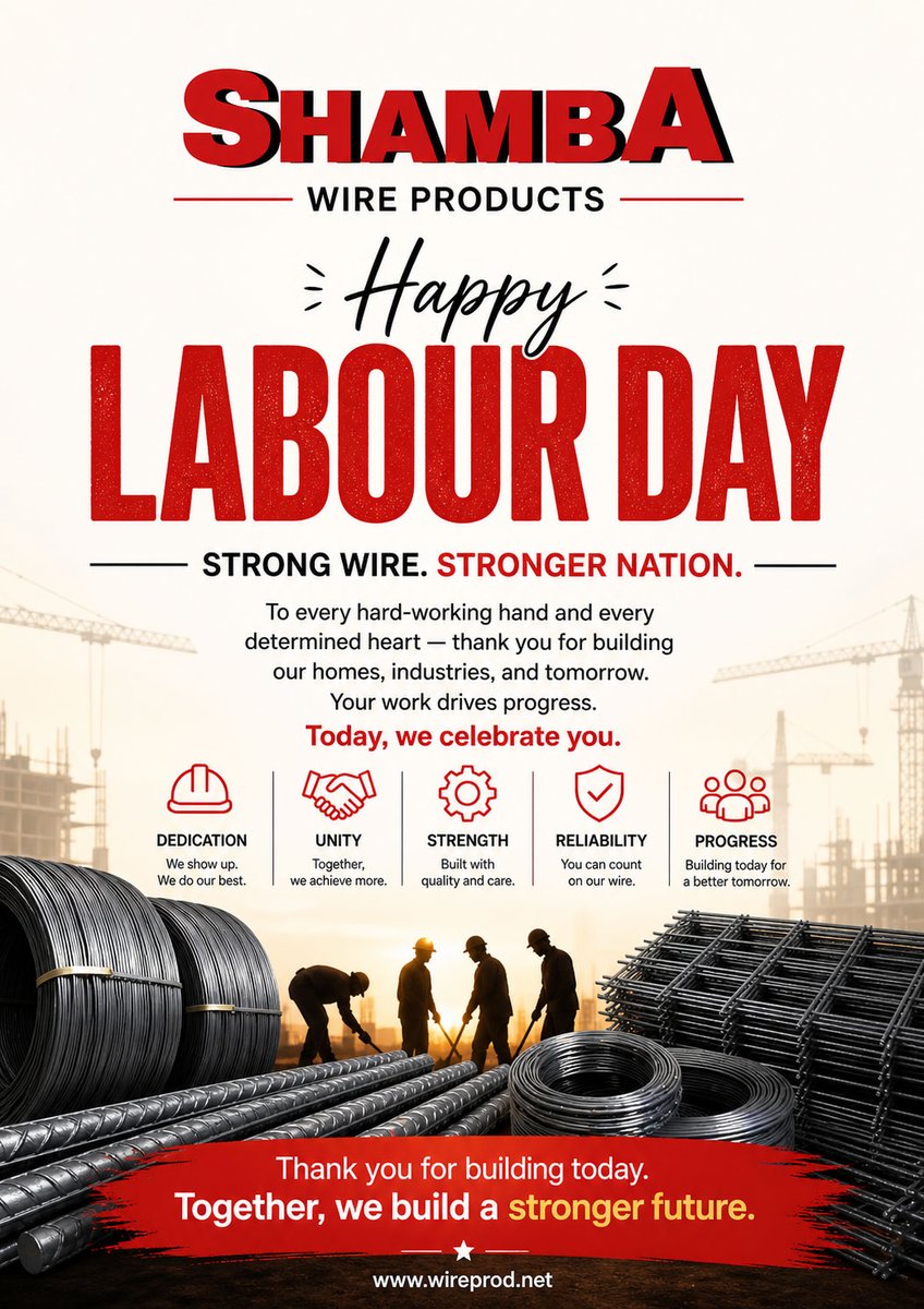 Wire_products's tweet photo. To every hardworking hand, we see you. We appreciate you.

Happy Labour Day.
Shamba Wire Products
🌐 https://t.co/qRYccSAZU5 https://t.co/0TXiSb30qu