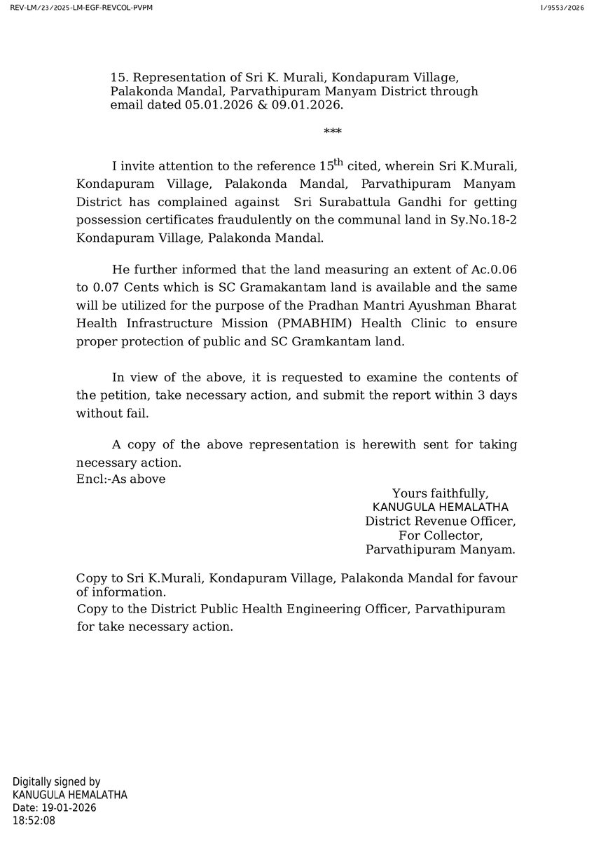 KONDAPURAM369's tweet image. 1/2 
@MoHFW_INDIA PM-ABHIM isn't just a file; it’s our village’s future health 
By stalling land endorsements, the Revenue Dept is sabotaging a Union Govt project 
@DARPG_GoI 14+ grievances later, @collectormanyam still offers no answers 
#PMABHIM #Manyam @APDeputyCMO @scroll_in