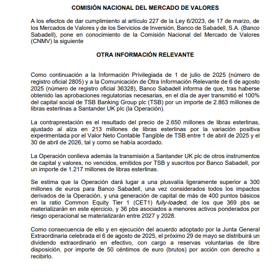 JCPF_Carlos's tweet image. 📌🟢#BANCOSABADELL #SABADELL #SAB 

👉Sobre operaciones corporativas.

📌✅Banco Sabadell informa que ha transmitido el 100% del capital social de TSB Banking Group plc.

👉🟢Como consecuencia de ello el próximo 29 de mayo se distribuirá un dividendo extraordinario en efectivo,