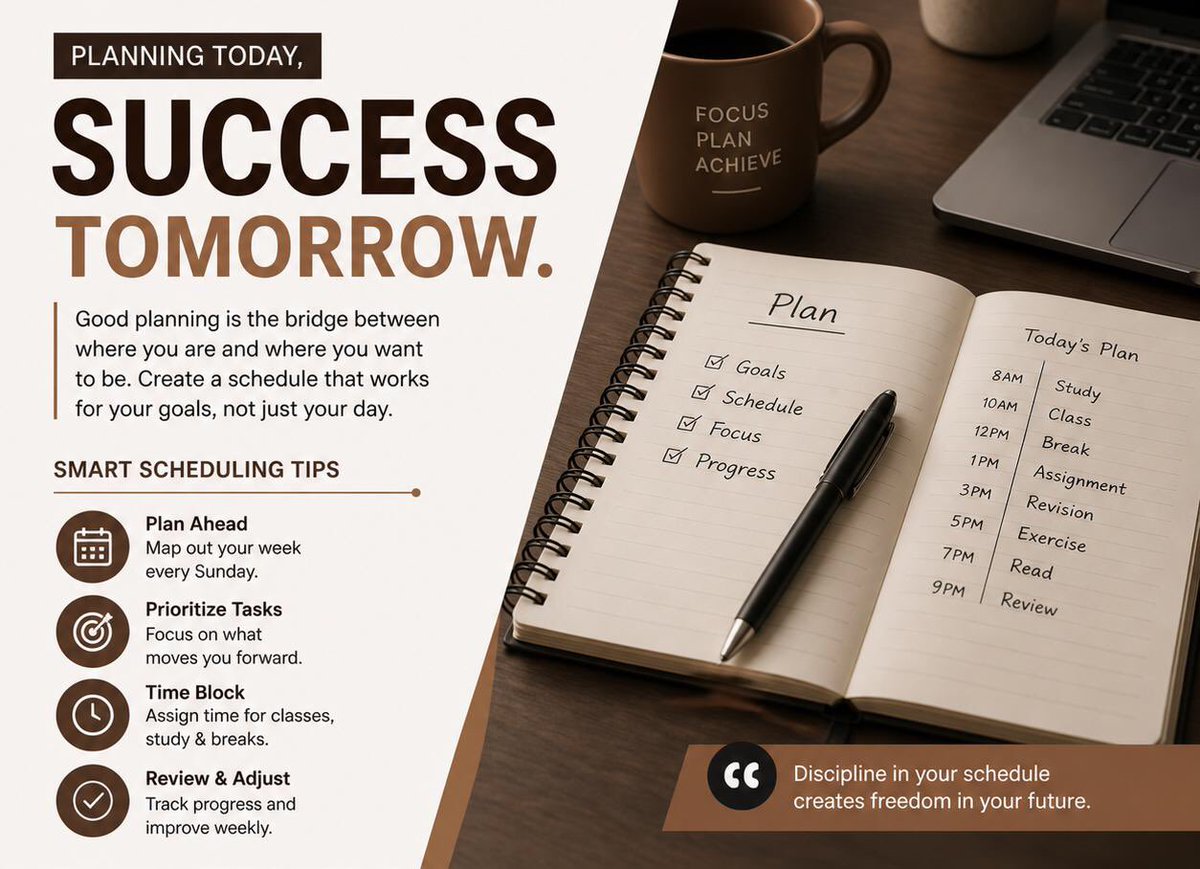 Drkasenene45172's tweet image. Success starts with a plan. A clear schedule helps you stay focused, manage your time wisely, and make steady progress toward your goals. Plan with purpose today, and let your routine shape tomorrow. 📅✨

#Planning #Scheduling #Productivity #StudyTips #Goal