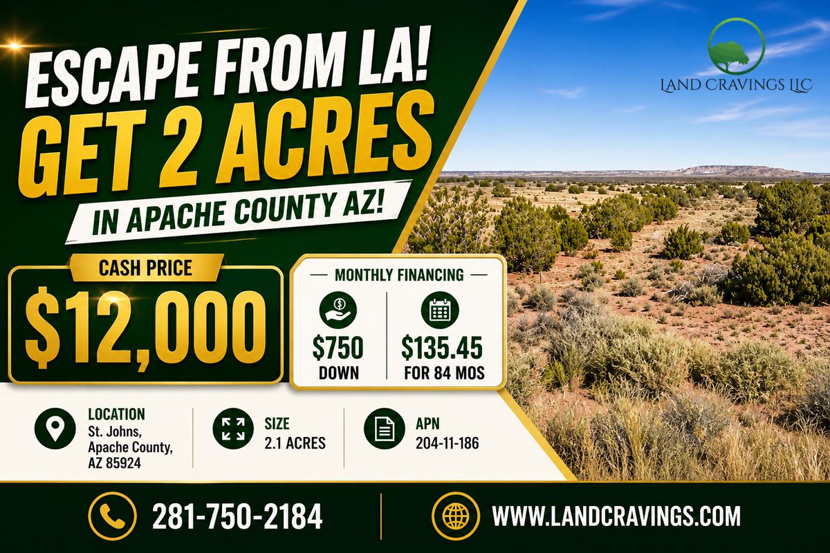 LandCravings's tweet image. Escape from LA! Get 2 acres in Apache County AZ!
APN: 204-11-186
visit our website: landcravings.com/apache/imr-186/
#realestateinvesting #Apache #landforsale #Arizona #investing #finance #landcravings.com