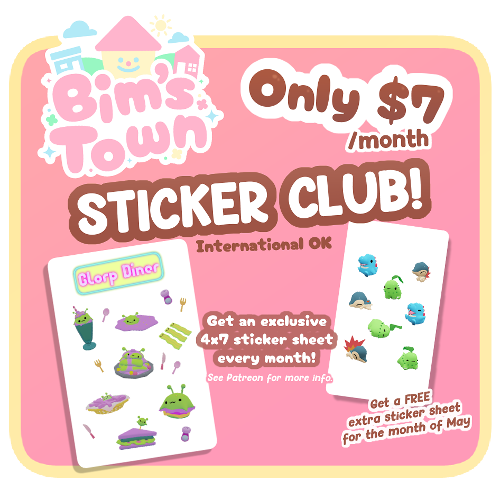 ✨OFFICIALLY OPENING MY STICKER CLUB!!✨
Get an exclusive sticker sheet EVERY month.

【OPENING PROMO】 Get an EXTRA sticker sheet for this month ONLY!!

Join my Patreon for more information 💛
→ patreon.com/bimstown