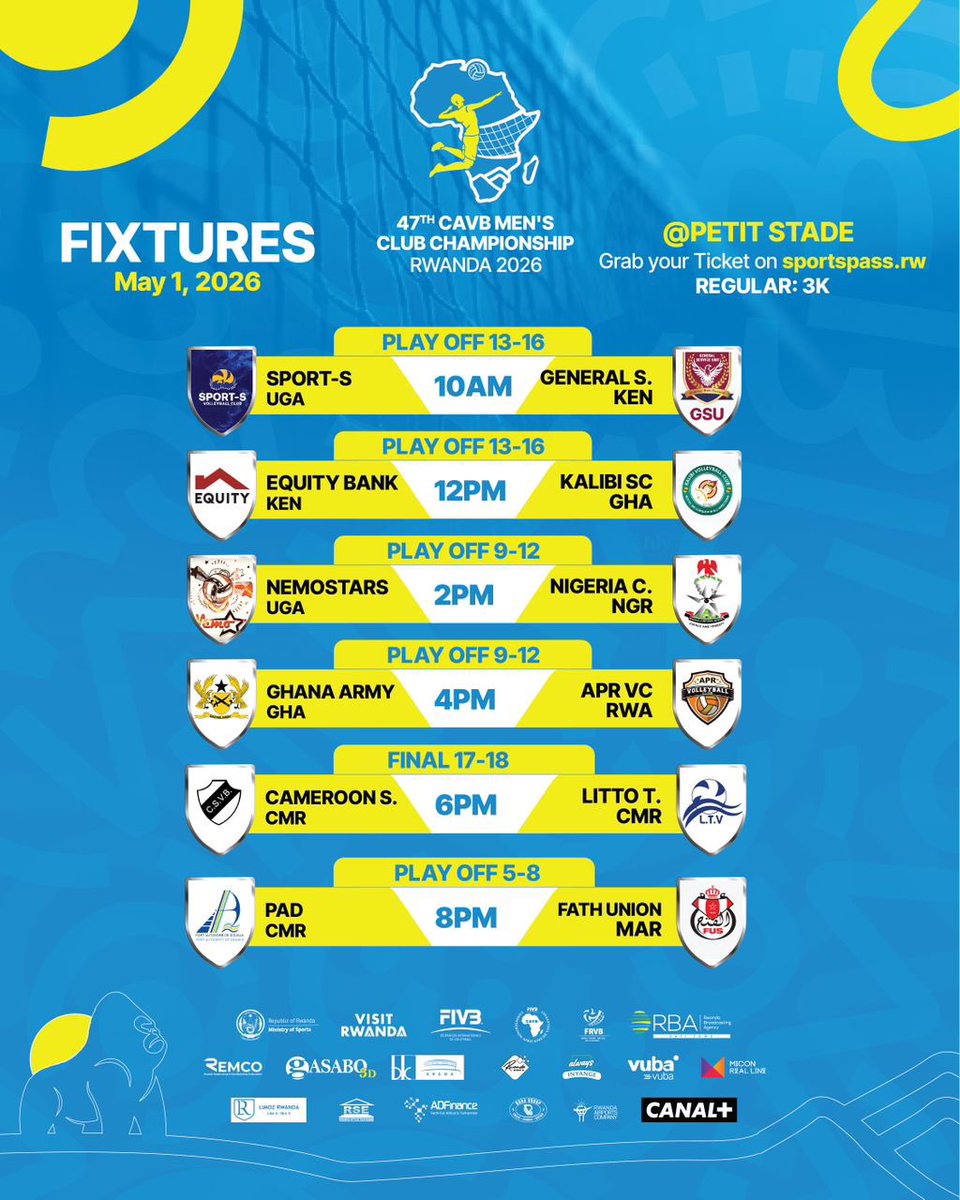 UwihirwePatric1's tweet image. #MAVCC2026: Uyu munsi, harakinwa imikino ibanzira umunsi wa nyuma wa Shampiyona Nyafurika ya #Volleyball yakinirwaga i Kigali kuva tariki ya 22/4/2026.

Imikino yo guhatanira gusoreza ku mwanya mwiza irakinwa hagati ya saa 10am-8pm, mu gihe saa 6pm-8pm hakinwa iya 1/2.

#RwOT