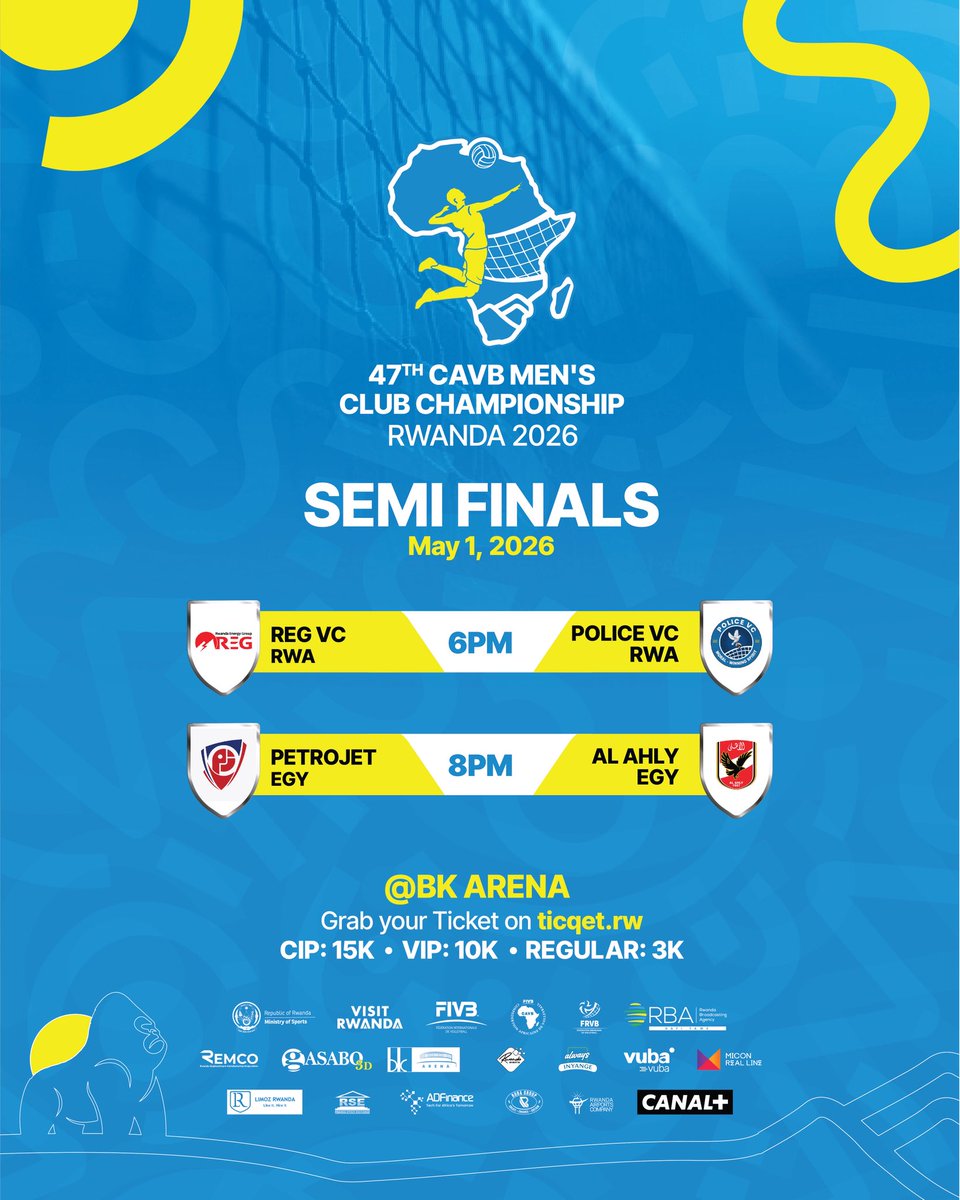 UwihirwePatric1's tweet image. #MAVCC2026: Uyu munsi, harakinwa imikino ibanzira umunsi wa nyuma wa Shampiyona Nyafurika ya #Volleyball yakinirwaga i Kigali kuva tariki ya 22/4/2026.

Imikino yo guhatanira gusoreza ku mwanya mwiza irakinwa hagati ya saa 10am-8pm, mu gihe saa 6pm-8pm hakinwa iya 1/2.

#RwOT