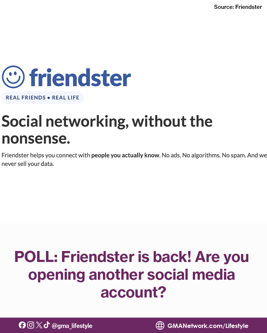 gma_lifestyle's tweet photo. FRIENDSTER IS BACK ONLINE! 🤩
Did we all travel back in time? Because 2000s social media website, #Friendster, is back online.
Will you create another account on the platform?
Answer the poll HERE: https://t.co/ctx5OealmW https://t.co/xW9DYwzqoA