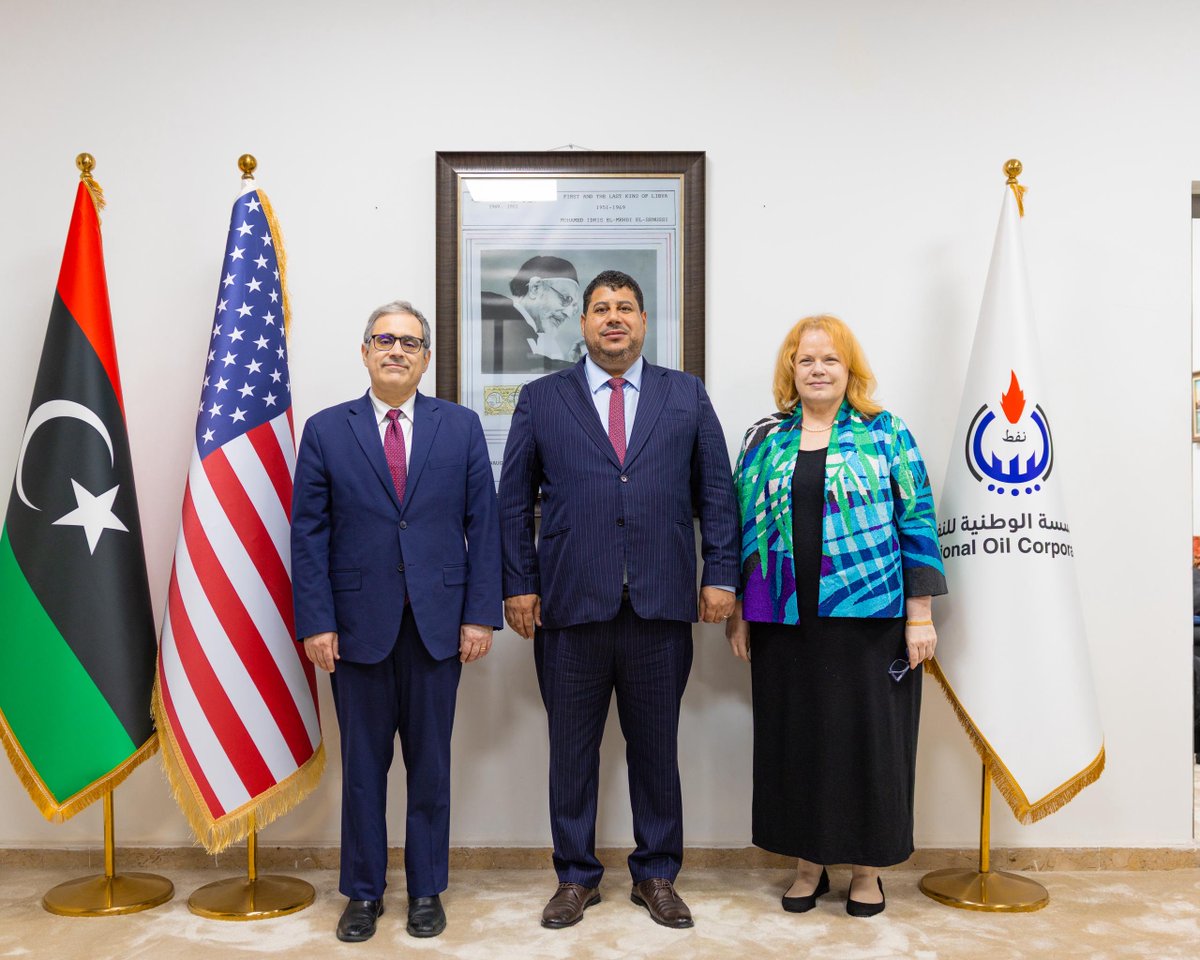 USEmbassyLibya's tweet image. Chargé d’Affaires Jeremy Berndt: “Deputy Chief of Mission Inga Heemink and I were pleased to meet with NOC Chairman Masoud Suleman in #Tripoli on Tuesday. We reviewed the growing cooperation between #Libya and U.S. oil and gas firms, which is strengthening Libya’s energy sector