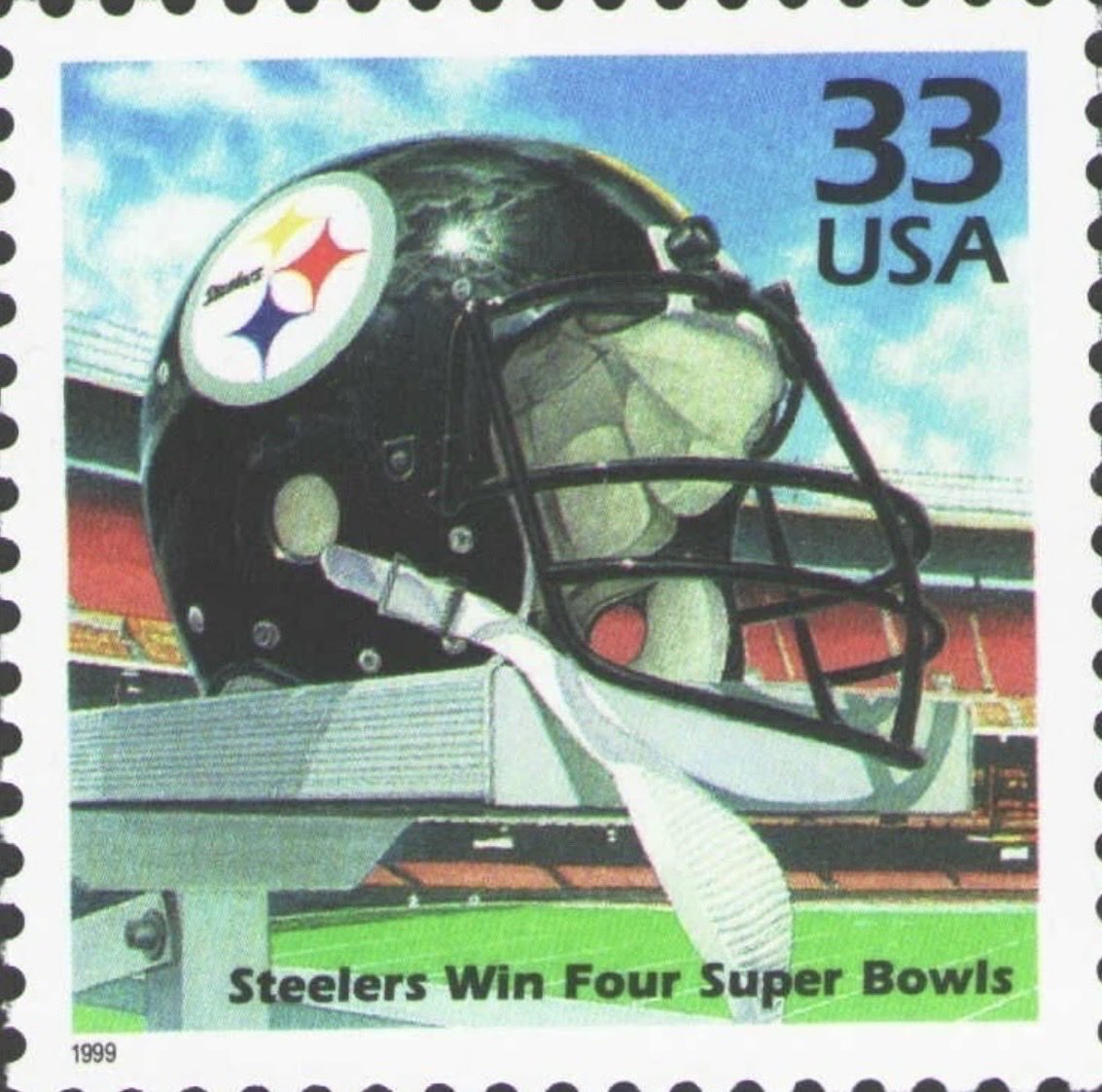 NoirCopper's tweet image. The Pittsburgh Steelers win four Super Bowls commemorative postage stamp, issued by the U.S. Postal Service in 1999. #Steelers #SteelersNation