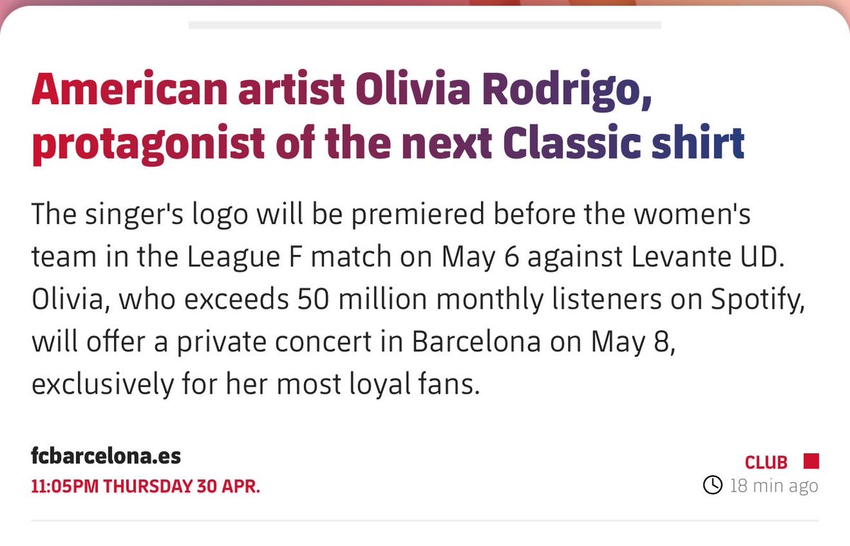 liviesthinker's tweet photo. olivia rodrigo will hold a private concert in barcelona on May 8th, in honor of her FC Barcelona x Spotify collab! https://t.co/NshYF3Zrzm
