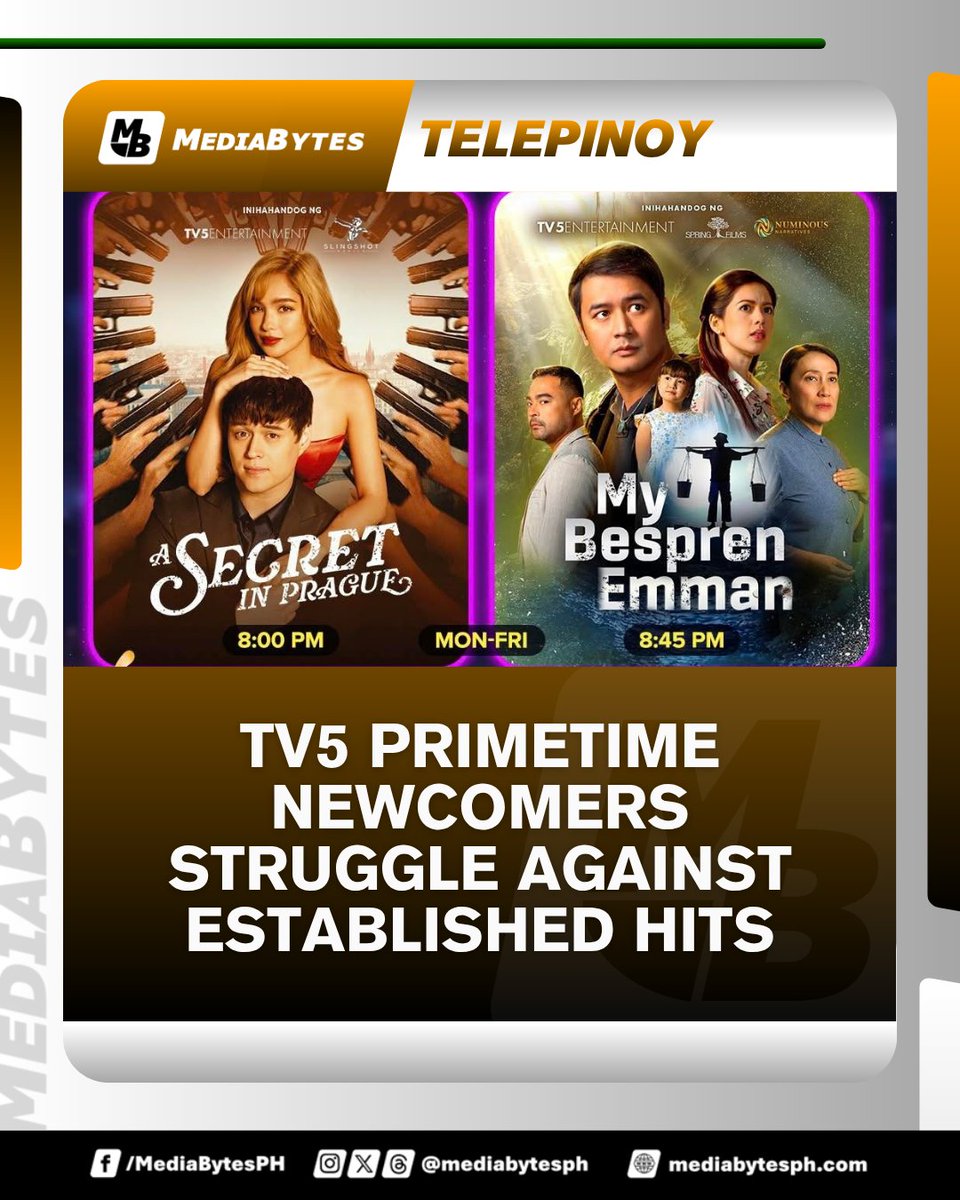 #TelePinoy | TV5’s new primetime bets “A Secret in Prague” and “My Bespren Emman” face a tough ratings battle as rival networks maintain their evening dominance.

READ MORE: mediabytesph.com/telepinoy/tv5-…