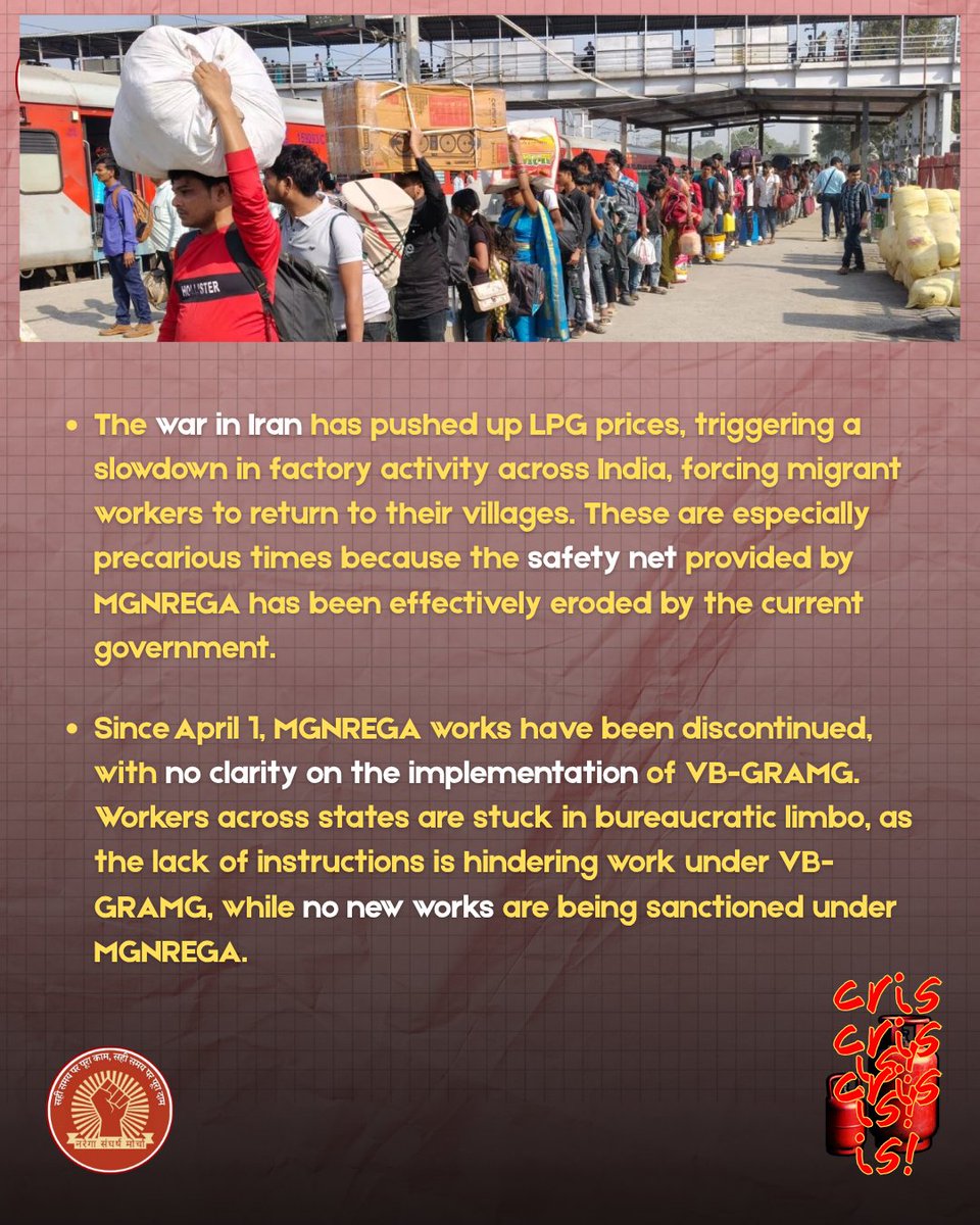 NREGA_Sangharsh's tweet photo. From the factory floors to the rural fields, the safety net for India’s workers is unraveling. Between the global LPG crisis and the local transition to VB-GRAMG, person-days have plummeted from 10.5 crore to just 95 lakh in the first half of April. #savemgnrega #lpgcrisis https://t.co/gt8jATZfri