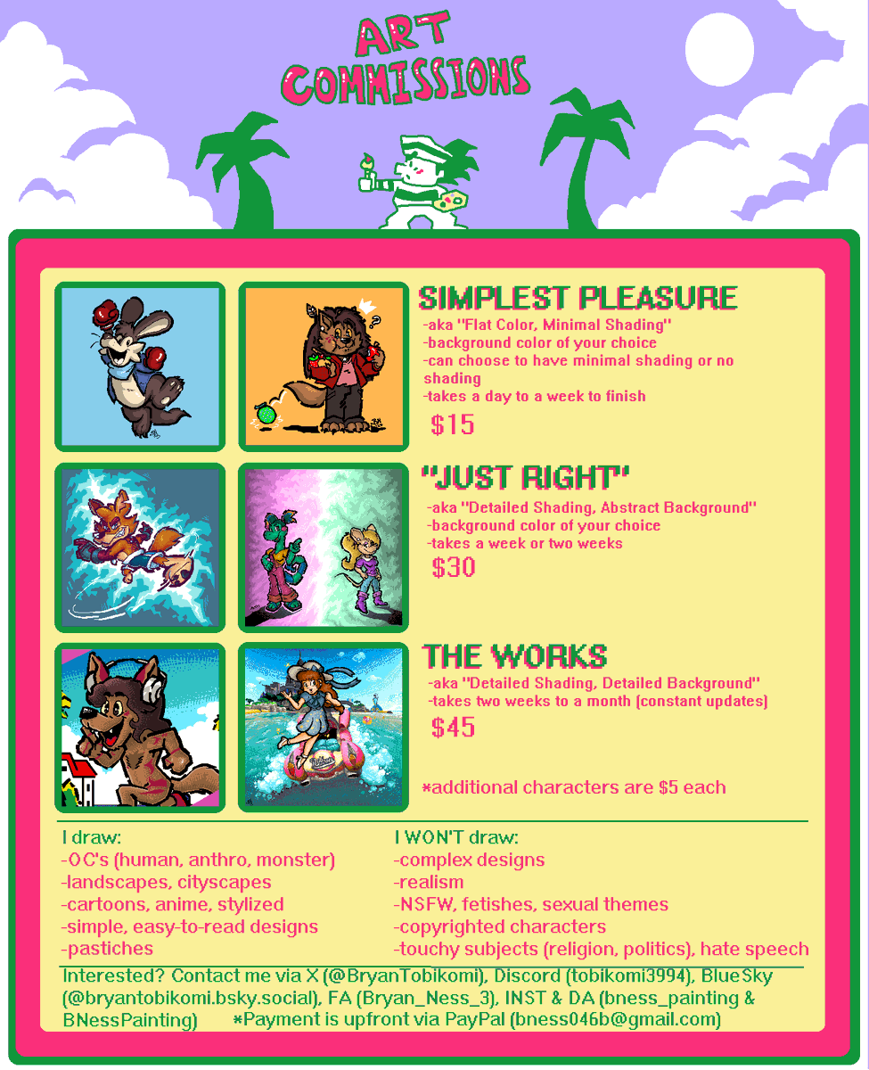 BryanTobikomi's tweet image. It's May, and I have new works to share with you very soon. You can't rush art, however, so it'll take some time... but not a long time!
I'd also like to share again my c0mmissi0ns sheet for anyone interested! Any and all help is very much appreciated. :)
#commissionsopen