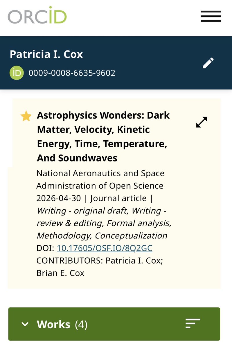 PatriciaICox's tweet image. We, Brian &amp;amp; I (@ProfBrianCox &amp;amp; @PatriciaICox), are especially happy with our new baby here — borne today, this 2026 Spring season 🤍💫

Take a peek here ;-)

Link: orcid.org/0009-0008-6635…

‘Tis our #astrophysics love 🤍💫