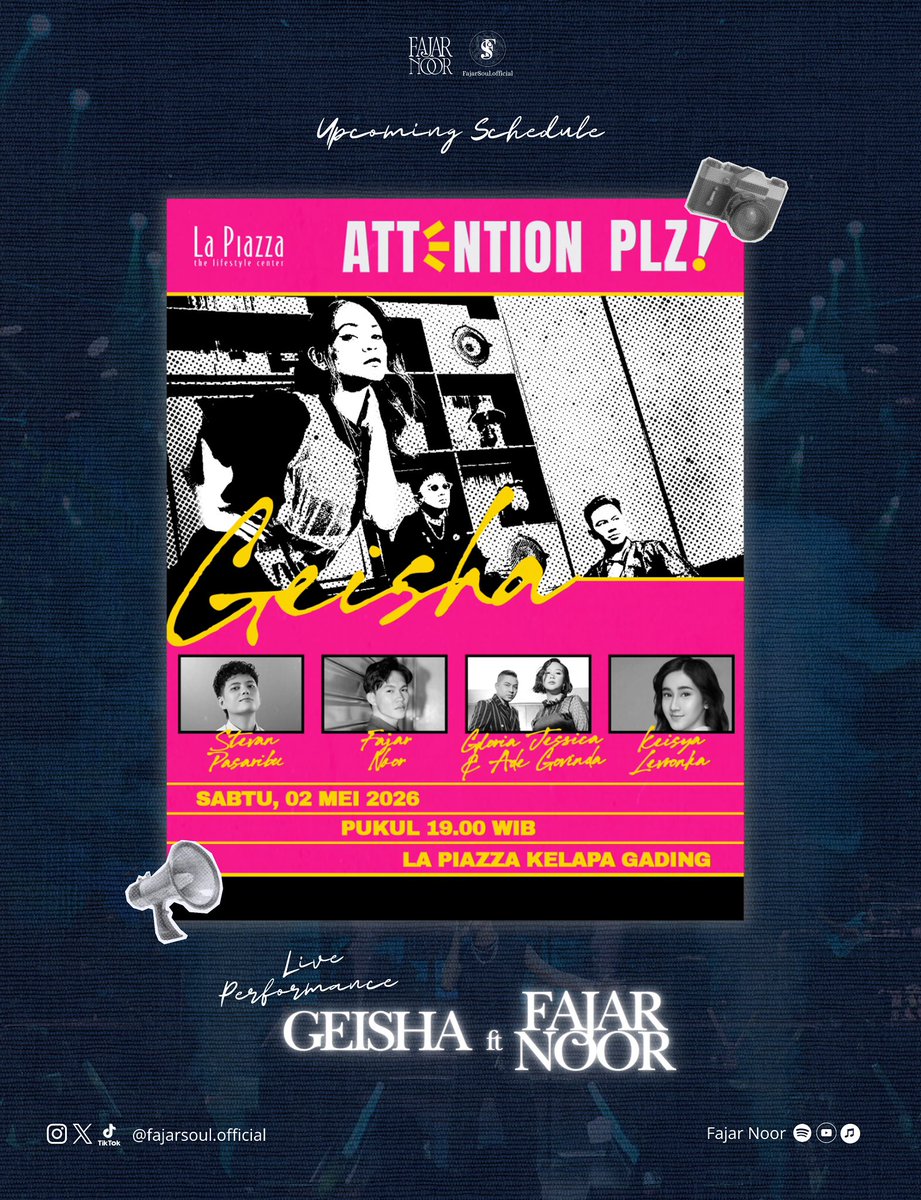 Weekend ini nggak ada alasan buat gabut! Merapat ke La Piazza Kelapa Gading yuk, karena bakal ada kolaborasi spesial yang nggak boleh kamu lewatin GEISHA feat. FAJAR NOOR! 🔥

Sabtu, 02 Mei 2026 19.00 WIB 

​See you there, guys! 🙌✨

​#Geisha #FajarNoor #LaPiazza #JakartaMusic