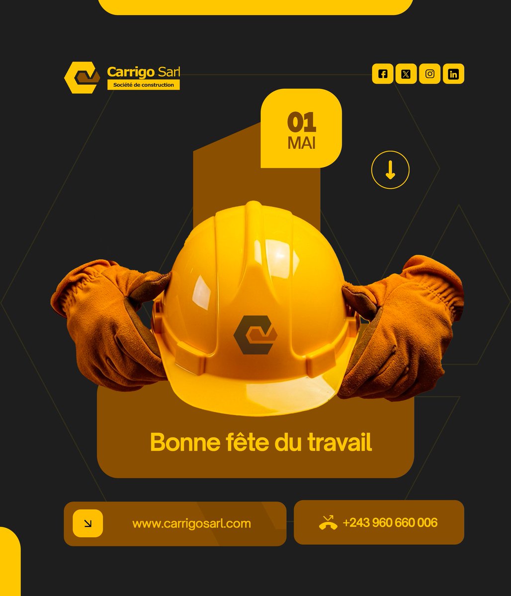 CarrigoLLC's tweet photo. Aujourd’hui, nous célébrons celles et ceux qui construisent, chaque #jour, l’#avenir. 🏗️

Bonne fête du #travail à tous. 🙌

📞 +243 960 660 006

#FeteDuTravail #1erMai #Carrigo https://t.co/jl1d0UmlkP