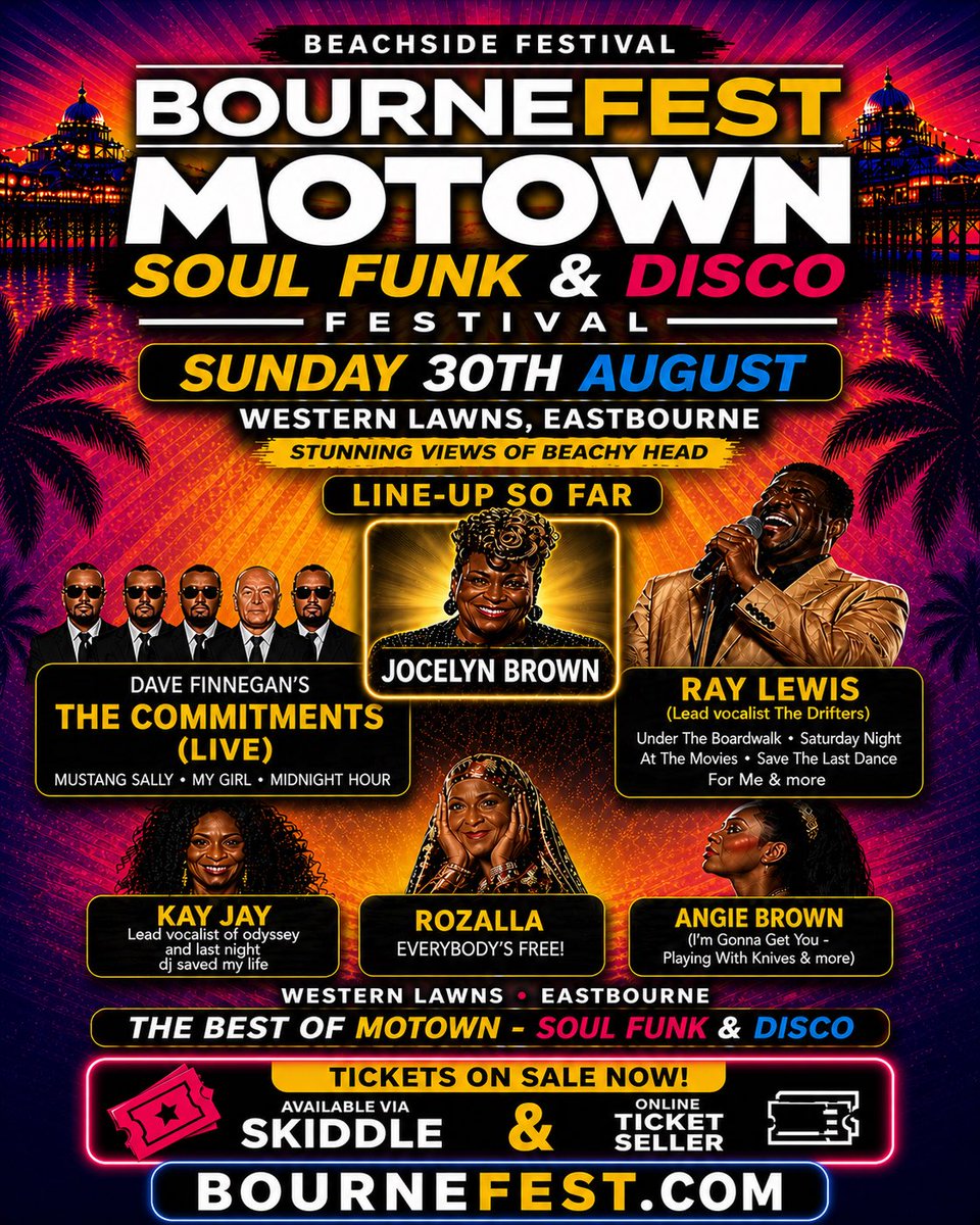 bournefest's tweet image. BOURNEFEST is bringing Motown, Soul, Funk &amp;amp; Disco to the seafront! 🌴✨

📅 Sunday 30th August (No work Monday) 
🎟️ Get your tickets NOW

👉🏼 onlineticketseller.com/events/146891?…

👉🏼 skiddle.com/festivals/bour…

👉 BOURNEFEST.COM

#eastbourne #sussex #festival #eastsussex #motown