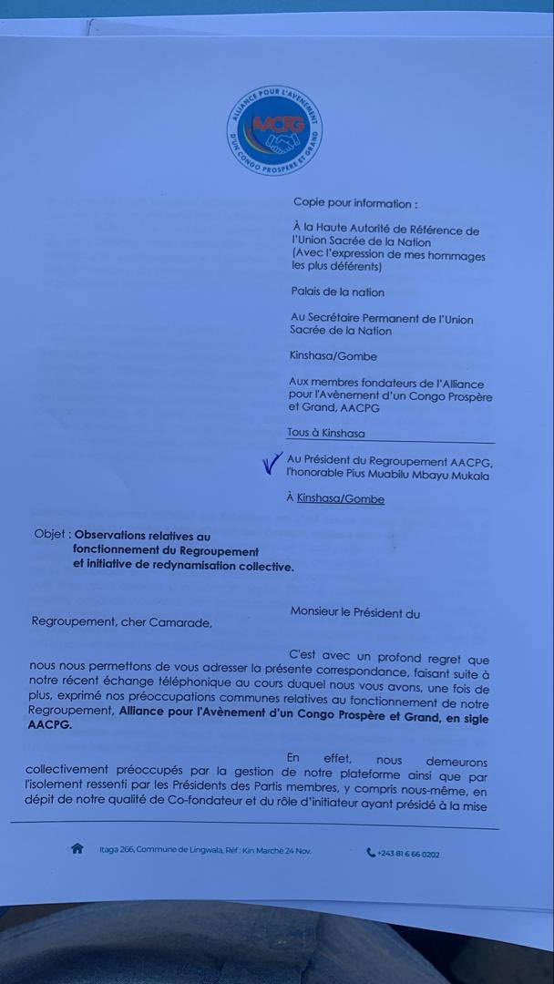 Crise au Regroupement AACPG dirigé par Pius Muabilu

Dans une lettre, les membres fondateurs, par l'entremise de l'initiateur de AACPG et Président de CPG Christos Mukendi, reprochent au Père du DG a.i de l’OCC Christelle Muabilu et oncle du DG de l’Office des Routes, la gestion