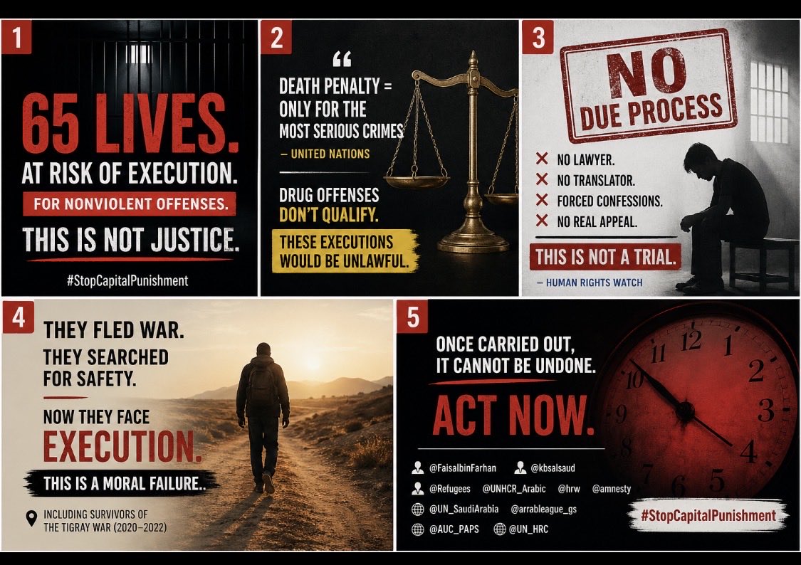 Humanityismyid1's tweet image. #Heartbreakingnews! In saudi Arabia , Over 65 #Human lives are at extremely high risk, who are preparing for Execution. We demand the #IC , #HumanRightsCouncil ,@UNGeneva &amp;amp; #Saudi authorities HALT THE EXECUTION OF 65 ETHIOPIAN MIGRANTS 🚨
@UNGeneva @Reuters @antonioguterres @hrw