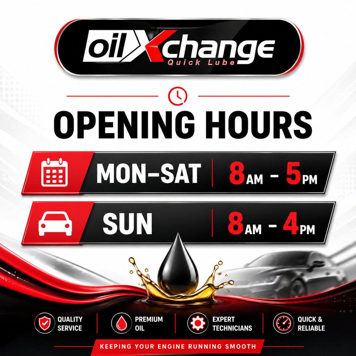 ExchangeOil's tweet image. Keep your engine running smooth with service you can trust 🚗
⏰ Opening Hours:
Mon–Sat: 8 AM – 5 PM
Sun: 8 AM – 4 PM
Fast. Reliable. Done right.
#OilChange #CarCare #AutoService #DriveSmooth