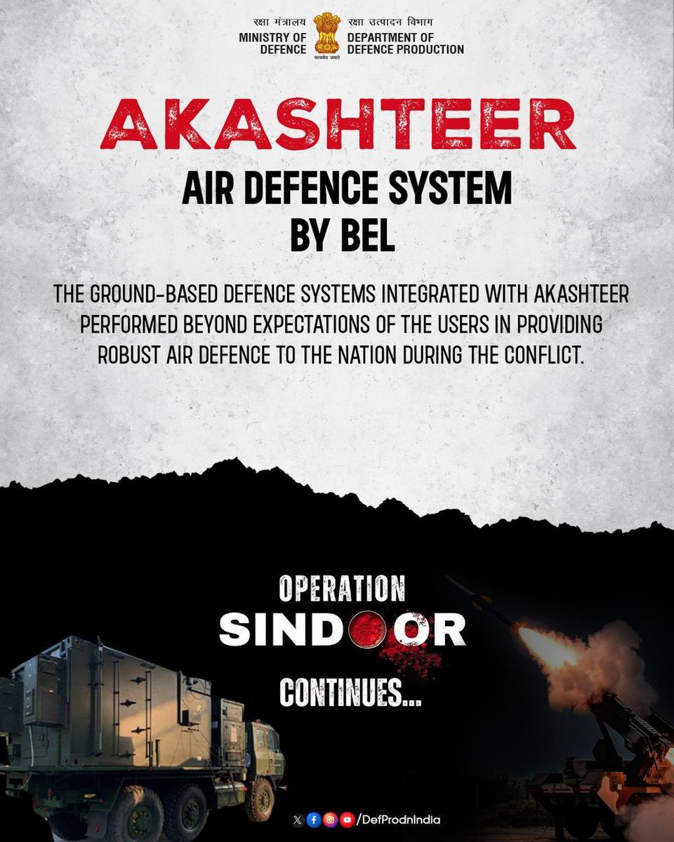 DefProdnIndia's tweet image. One year of Operation Sindoor—a testament to strength, precision, and indigenous excellence.

Akashteer, the Air Defence System by Bharat Electronics Limited, stood beyond expectations, delivering robust protection when it mattered the most.

#OperationSindoor #1YearOfSindoor