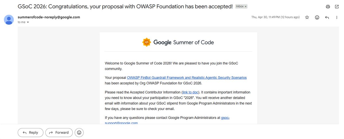 nitinawari22's tweet photo. Got selected for GSoC'2026 with @OWASP @OWASPGenAISec.🥳

I’ll be working on a CTF platform focused on learning OWASP Top 10 LLM vulnerabilities.

Last year I got rejected. This year I came back, contributed consistently, and earned my spot.

#gsoc #GSoC2026 #AIsecurity #LLM https://t.co/DfvcvRL4BH