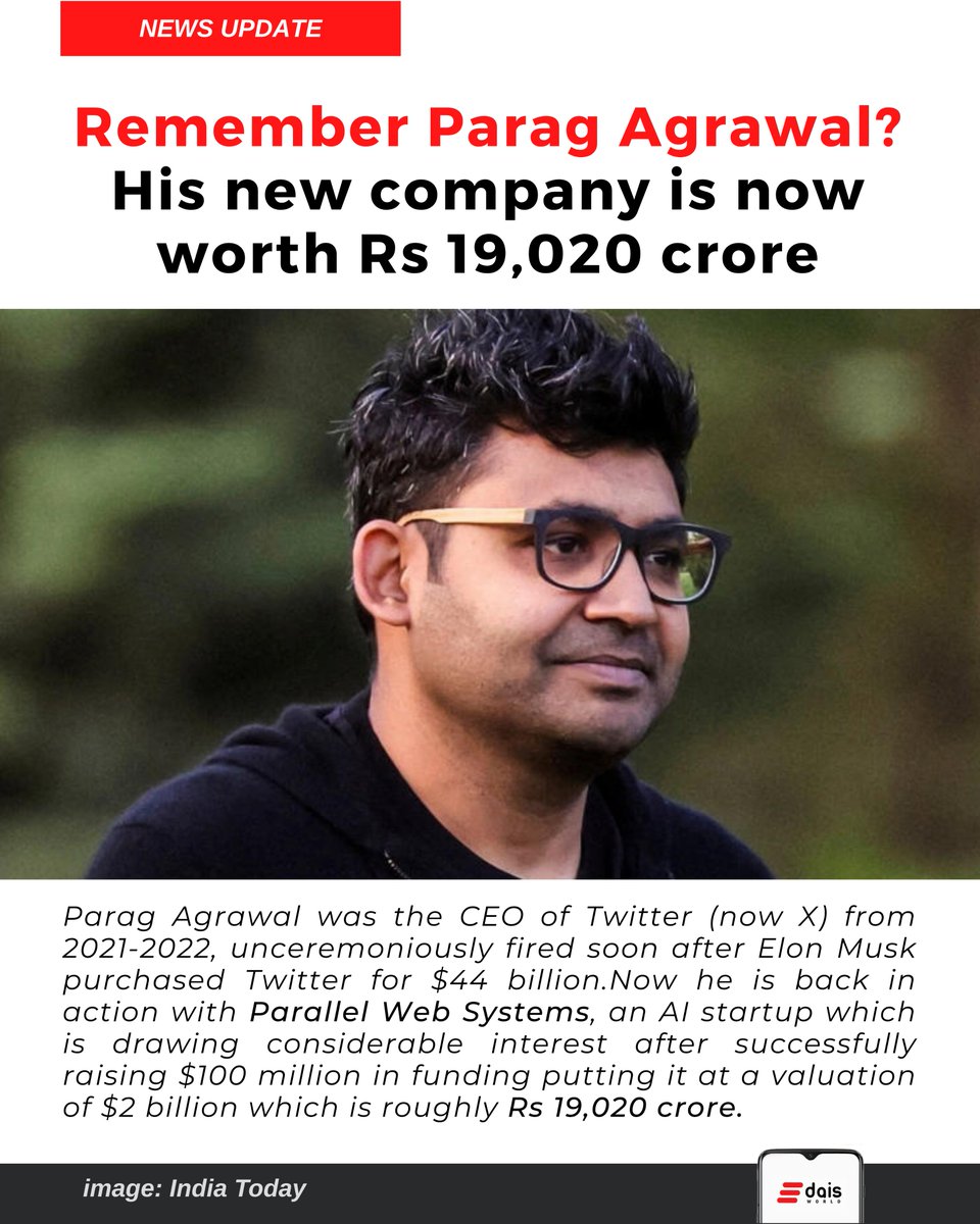 world_dais's tweet photo. Remember Parag Agrawal? His new company is now worth Rs 19,020 crore.
#Teamwork #LabourDay #BuddhaPurnima #MayDay #TwitterCEO #ElonMusk https://t.co/1buDph7lgQ