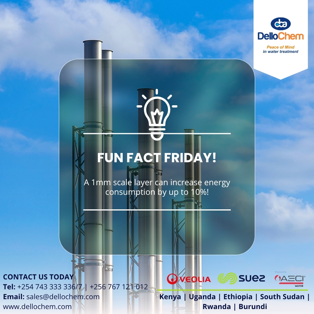 DelloChem's tweet image. 💡 Fun Fact Friday!

Just 1mm of scale inside a boiler can increase energy consumption by up to 10%.

Clean systems = better efficiency = lower operating costs.

Simple maintenance, powerful results. 💧

#FunFactFriday #EnergyEfficiency #BoilerWaterTreatment #DelloChemAfrica