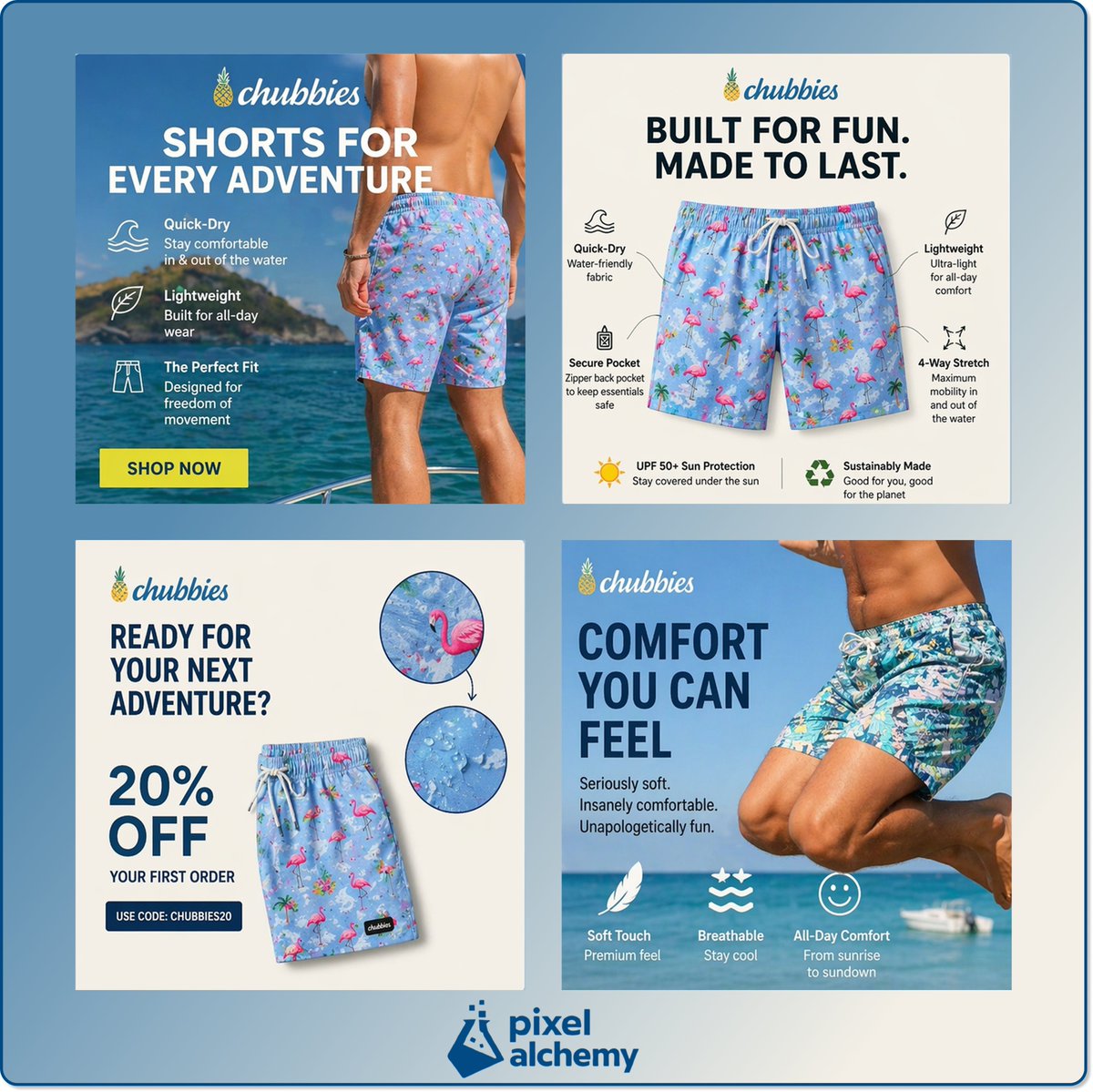 AjeigbeAbi7220's tweet photo. Static ads create for Chubbies Shorts

#Uiux #Landingpage #figma #designandbuild https://t.co/6rhysUVfS8