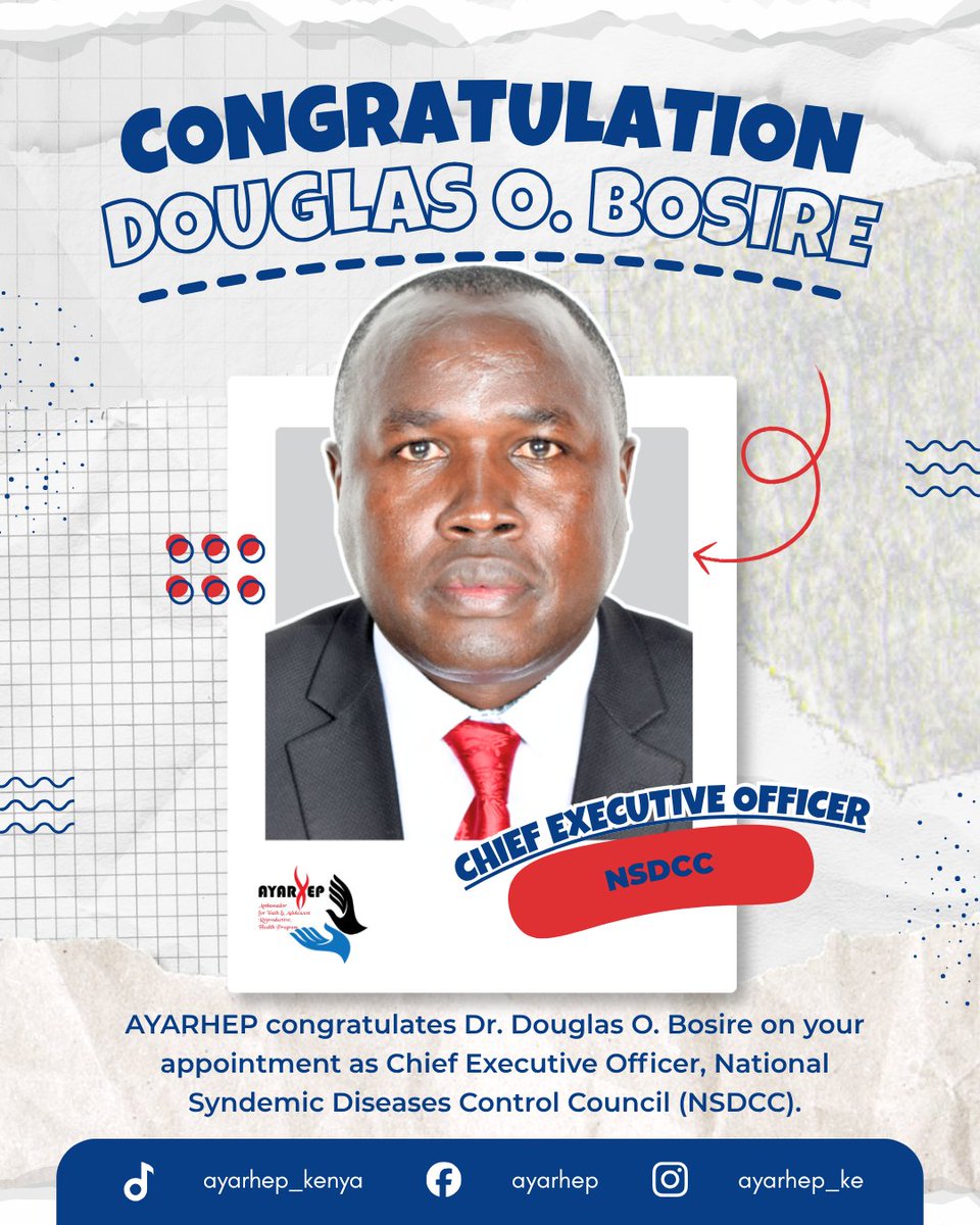 AYARHEP_KENYA's tweet photo. @AYARHEP_KENYA congratulates Dr Douglas O. Bosire on his appointment as CEO, @nsdcc_kenya.

A key moment for strengthening coordinated responses to HIV, TB, and other syndemic diseases and advancing equitable, community-centred health systems.

#AYARHEPInAction https://t.co/i6J05IiOvJ
