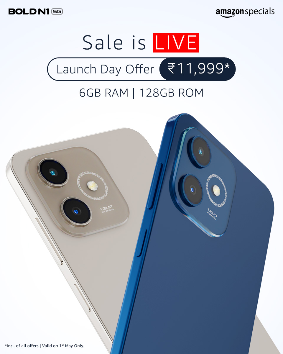 LavaMobile's tweet image. Sleek. Modern. With a 6GB+6GB** RAM for a generation that moves fast.

Bold N1 5G, now on sale! 
Buy Now: bit.ly/4diX9hm

Special Launch Price: ₹11,999*

*Inclusive of all offers | Valid on 1st May Only
**Virtual RAM

#BeFearlessBeBold #LavaMobiles #Amazon