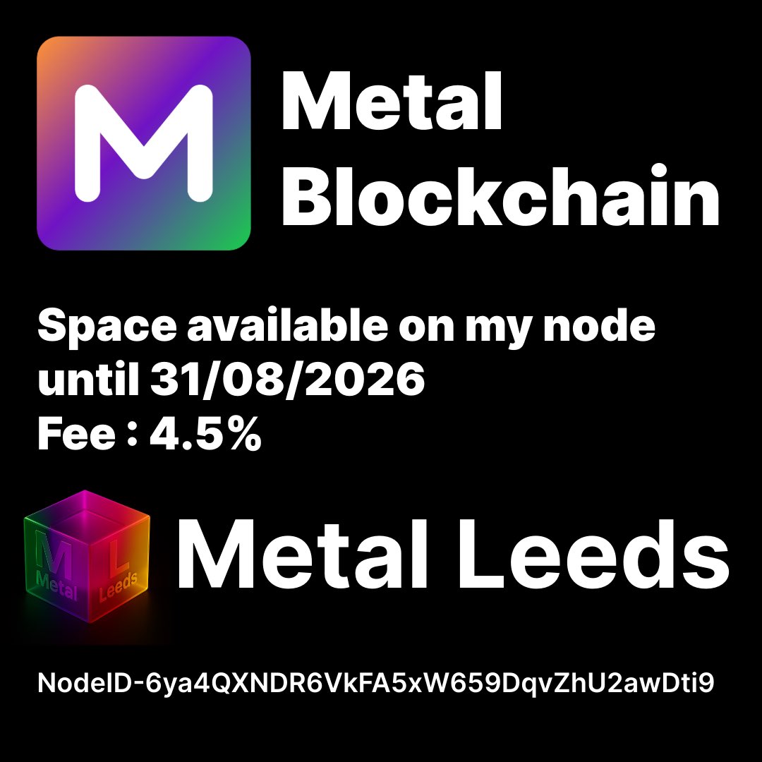For those of you wanting to stake your Metal, there’s space available on my node until 31st August.

Node Name: Metal Leeds
Fee: 4.5%

Thanks for your continued support! 

Phil