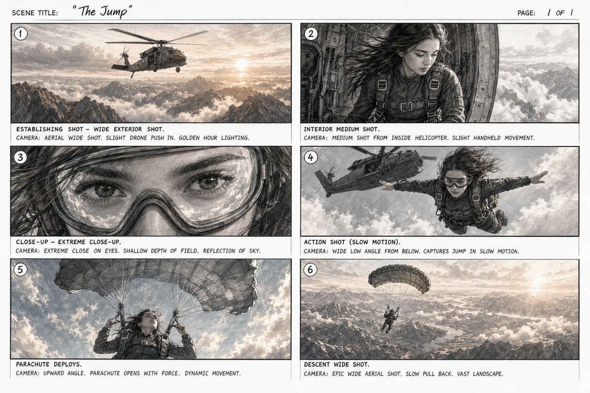 Storyboard sheet of this video created with GPT image 2

Storyboard sheet prompt:

Create a professional cinematic storyboard sheet with 6 panels 
for the following scene:

SCENE TITLE: "The Jump"

PANEL 1 — ESTABLISHING SHOT
Wide exterior shot of a military helicopter flying