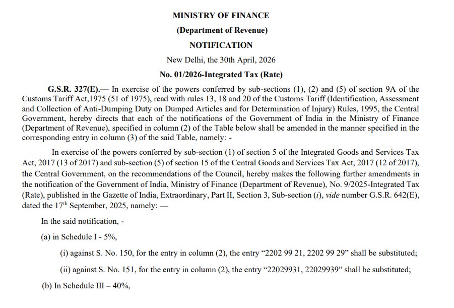 CAclubindia's tweet image. #GST Rate Changes Notified for Beverage Categories from 1st May 2026

Govt notifies GST rate amendments for beverage categories under HSN 2202, effective May 1, 2026. Check IGST, CGST and UTGST changes and compliance impact.