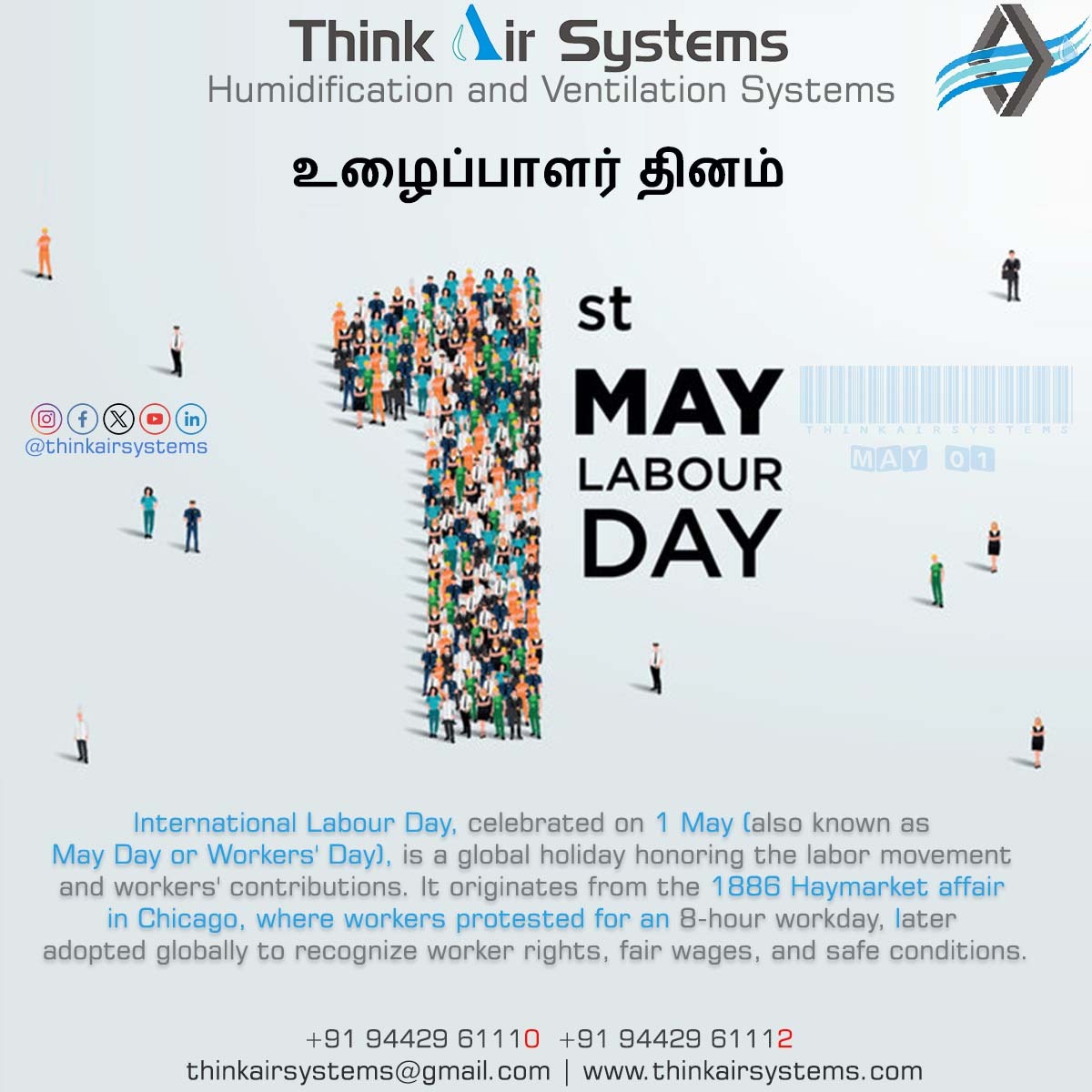 ThinkAirSystems's tweet photo. #MayDay Think Air Systems Humidification System Manufacturer Labour Day #Humidification #Ventilation #MiniAirWasher #FogSystem #Sparynozzle  #Damper #Diffuser #ExhaustFan #AirGrill #AirtightDoor #CoolerPad #Airwasher #Ducting #MicronFilter #TextilePlantService  #filter #HVAC https://t.co/V0eedUYace