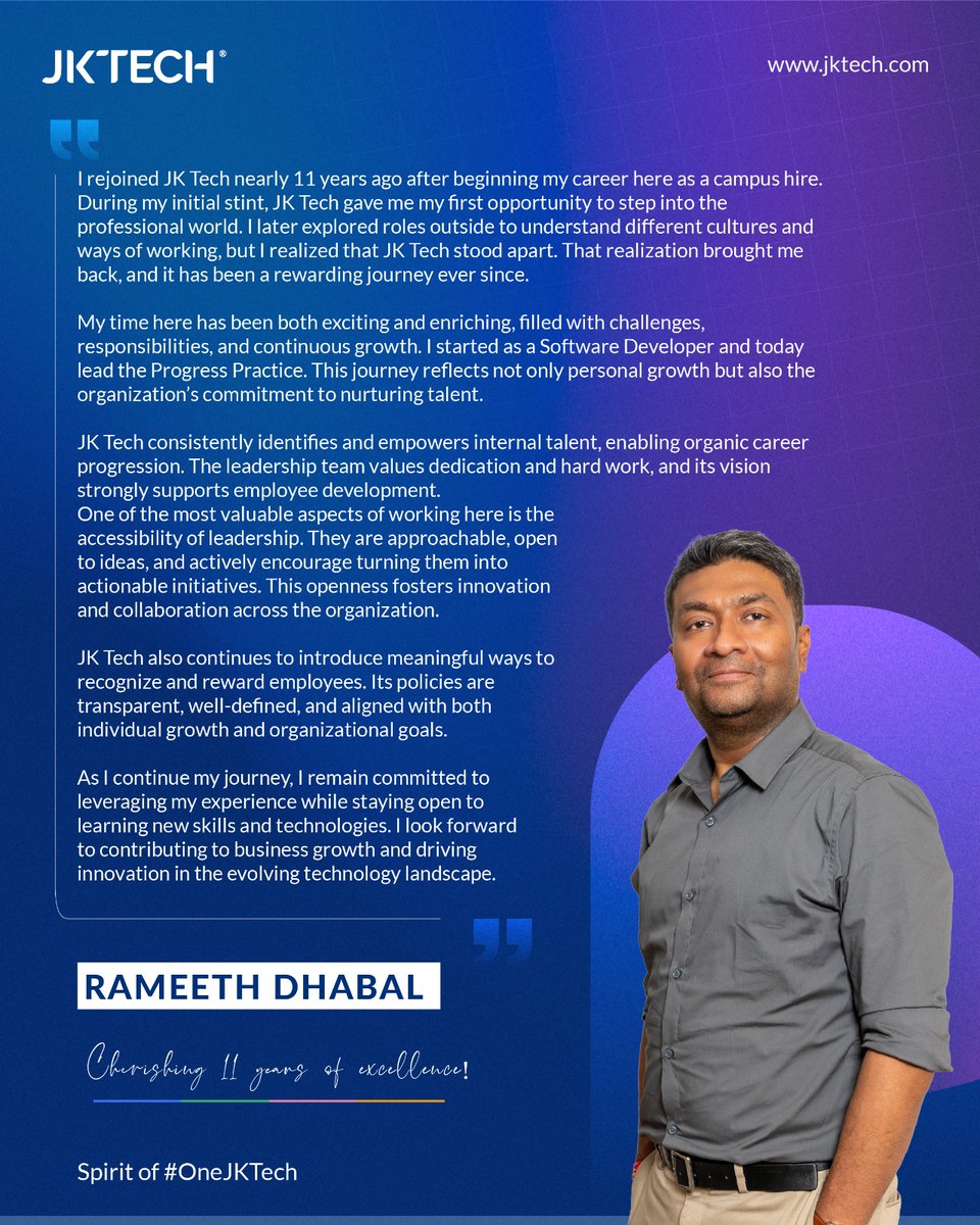 JKTechnosoft's tweet image. Growth isn’t always forward it’s finding where you belong. From campus hire to leading the Progress Practice, Rameeth’s journey reflects growth built on trust and consistency.

Explore careers: jktech.com/careers/

#JKTech #CareerGrowth #TechCareer