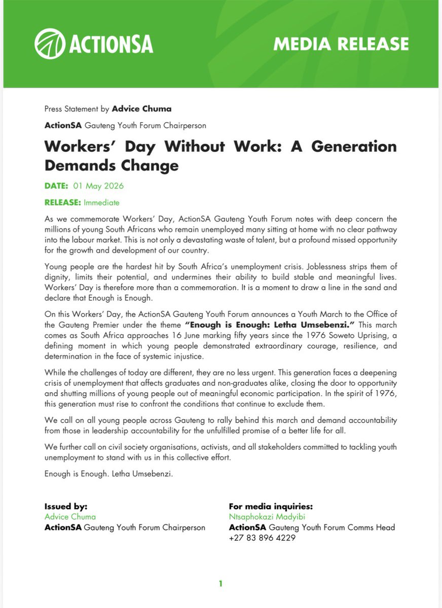 ActionSAGPYouth's tweet photo. [READ] Workers’ Day without work is not freedom. This generation is demanding answers. The GP Youth Forum is mobilising for the creation of decent work.

📍 15 June 2026- March to the Gauteng Premier

Enough is Enough. #LethaUmsebenzi https://t.co/S7y1xY8tg9