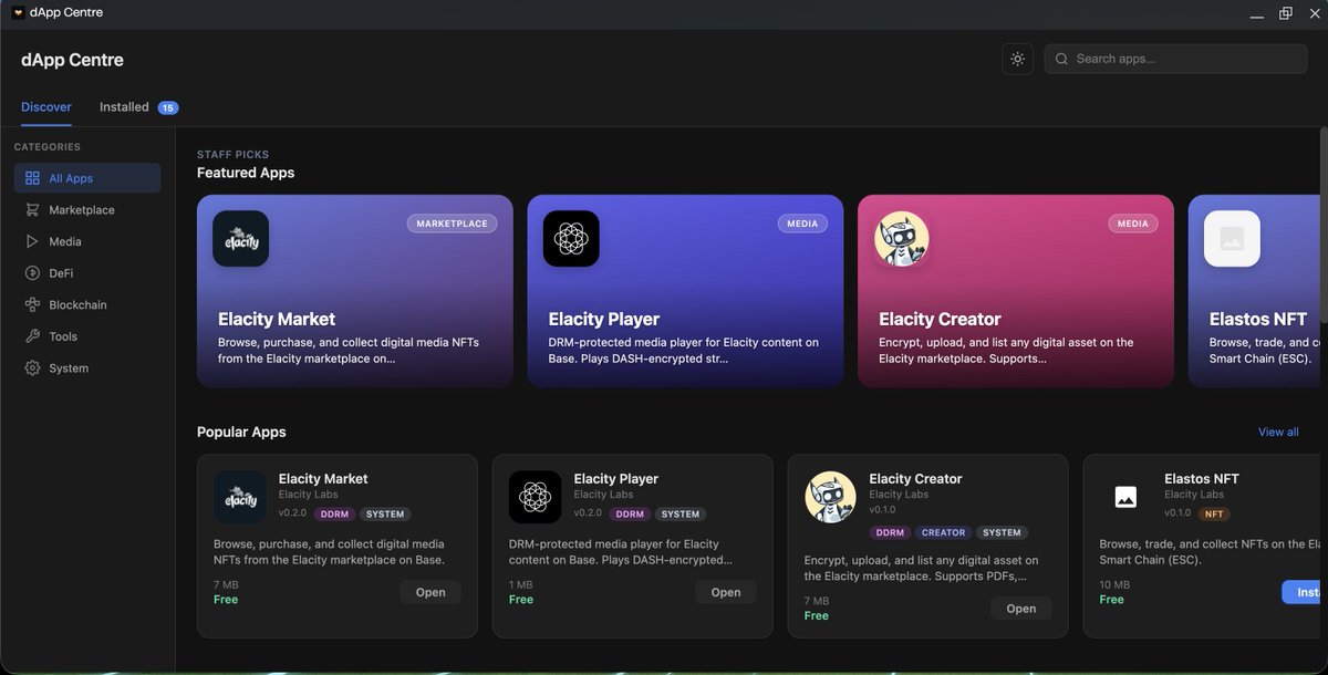 ElastosInfo's tweet photo. The dApp Centre now fully functional

In v1.2, users can install Elacity NFT and Glide Finance directly inside ElastOS, connect their wallet, and use them without jumping between separate interfaces. https://t.co/xqcspb4fS8