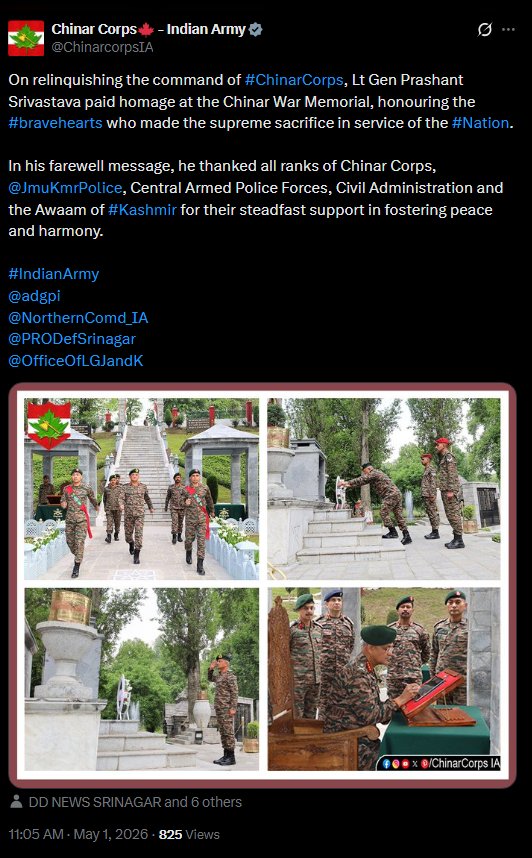 GreaterKashmir's tweet image. On relinquishing the command of #ChinarCorps, Lt Gen Prashant Srivastava paid homage at the Chinar War Memorial, honouring the #bravehearts who made the supreme sacrifice in service of the #Nation.

In his farewell message, he thanked all ranks of Chinar Corps, @JmuKmrPolice,