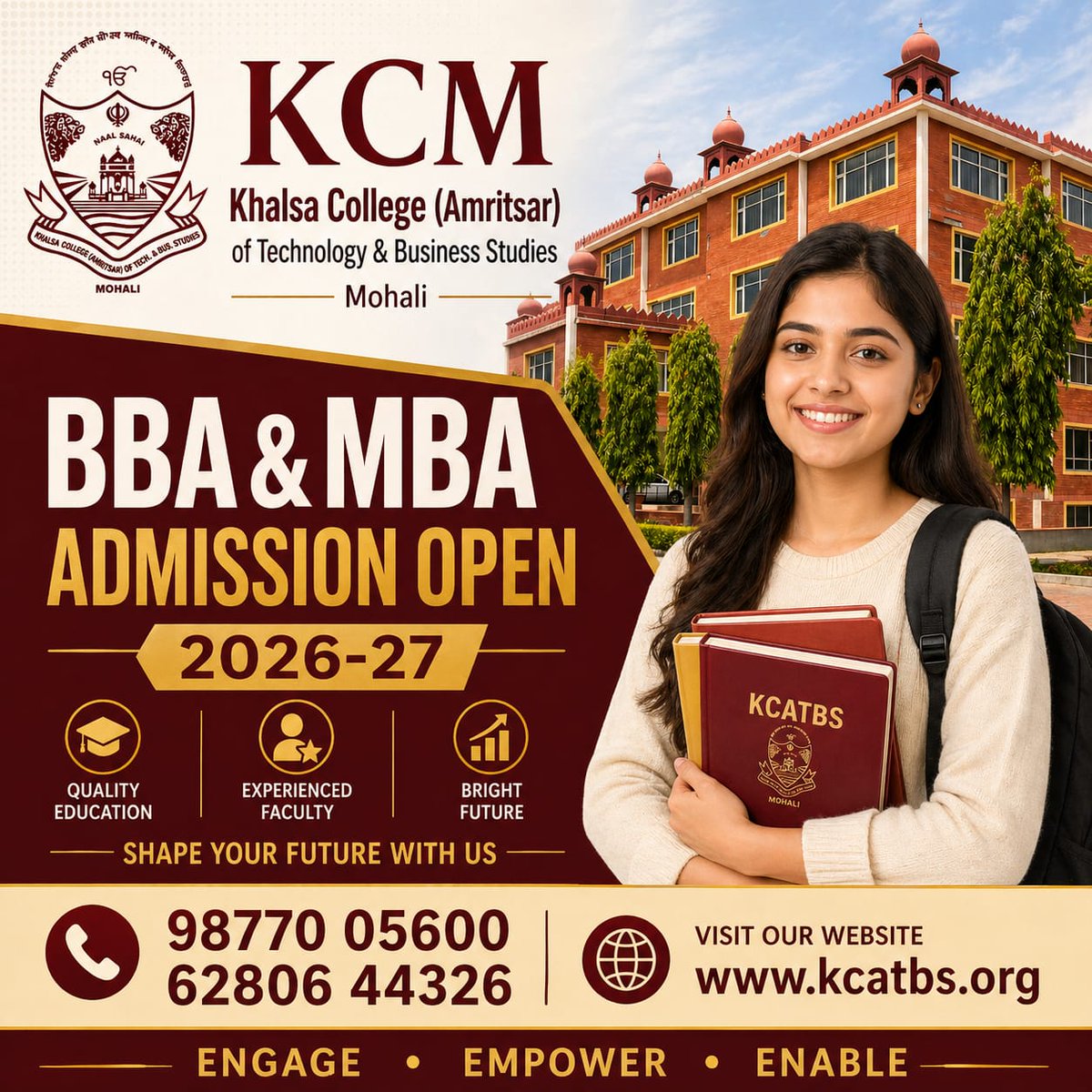 KhalsaMohali's tweet photo. Admissions Open 2026–27 | BBA &amp; MBA

Shape your future with confidence and leadership skills that the corporate world demands.

98770 05600 | 62806 44326
https://t.co/qJOdiUXKk3

#KCM #KCATS #BBAAdmissions #MBAAdmissions #AdmissionOpen #ManagementStudies #Mohali #Punjab https://t.co/K4CGbQOadL