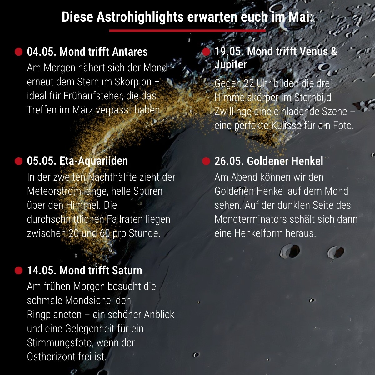 Astroshop_de's tweet photo. Ihr habt eines der Astrohighlights festgehalten?
Dann markiert uns in euren Aufnahmen oder sendet eure Fotos per DM! 📸

👉 Alle Astrohighlights im Frühling 2026:
🔗 https://t.co/GYKxyCI8c3

#Astroshop #Omegon #Mond #Antares #EtaAquariiden #Saturn #Venus #Jupiter #GoldenerHenkel https://t.co/46l9Omg9Q0