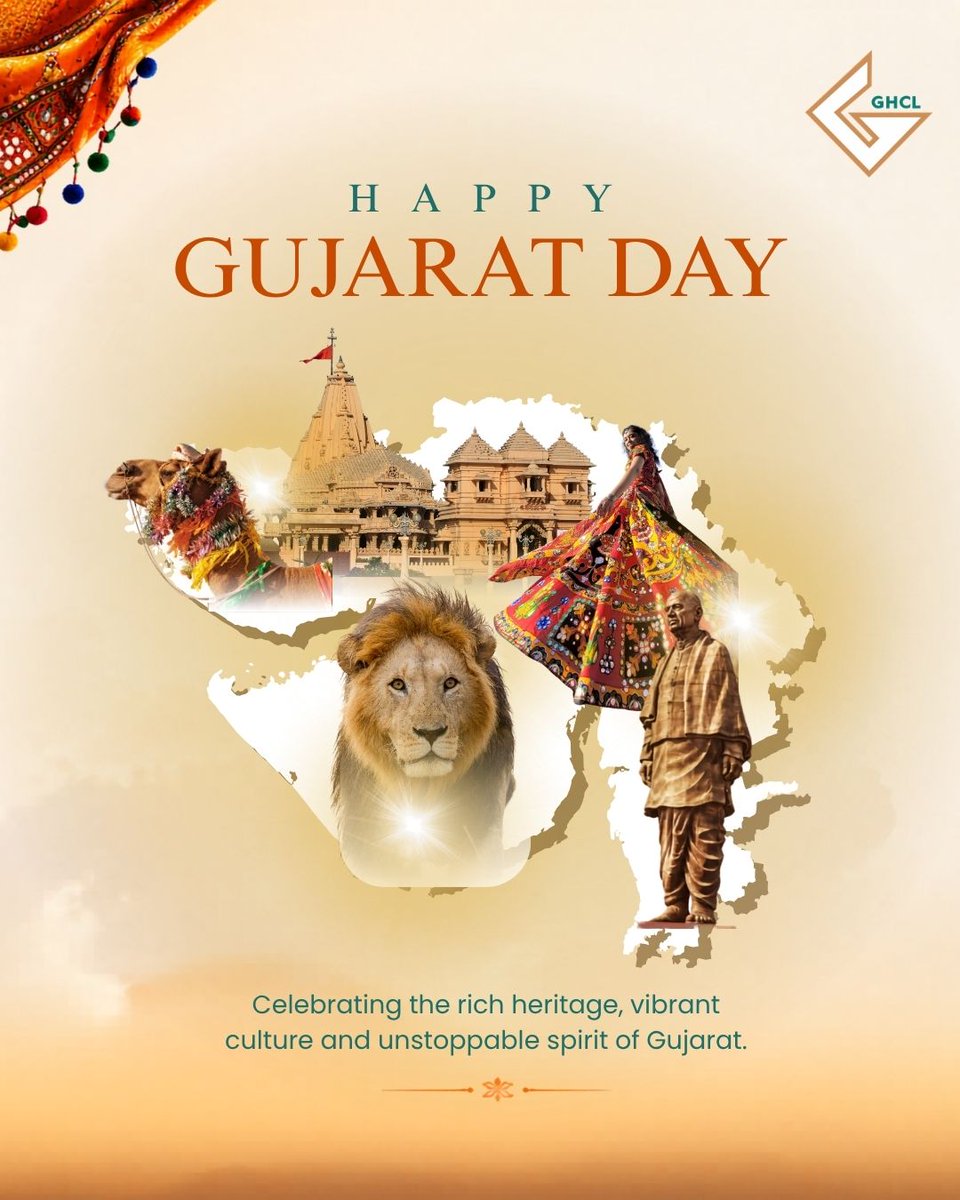 GHCLLimited's tweet photo. GHCL wishes you Happy Gujarat Day!

A land of enterprise, resilience, and rich heritage, Gujarat continues to inspire our journey. We remain committed to contributing to its growth through sustainable practices, community engagement, and creating value for a brighter tomorrow. https://t.co/BEuqZ86Ytn