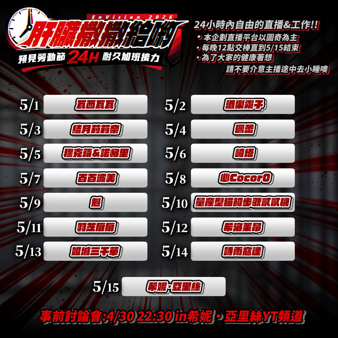 telecatEV's tweet photo. 第三屆預見勞動節！

每年勞動節，預見娛樂固定的優良傳統，旗下部分藝人每天進行24小時直播接力！今年已經是第三年舉行了！

今年會從5/1一直持續到5/15！

線上公文(偽)，裡面有參加藝人的頻道連結：
https://t.co/0QqefB0Na9

藝人接力時間表(主要在圖奇開)：
5/01 瓦西瓦瓦
5/02 酒樂霧子
5/03 結月莉莉奈
5/04 珮蕾
5/05 穆克蕗 & 諾恪里
5/06 崎塔
5/07 百百波美
5/08 心cocor0
5/09 魁
5/10 量產型猫飼步歌貳貳機
5/11 羽芝扉扉
5/12 希洛萊昂
5/13 姬城三千華
5/14 詩雨蔻達
5/15 希妮·亞里絲

時間表圖片版：
https://t.co/GkNZ5oq14U